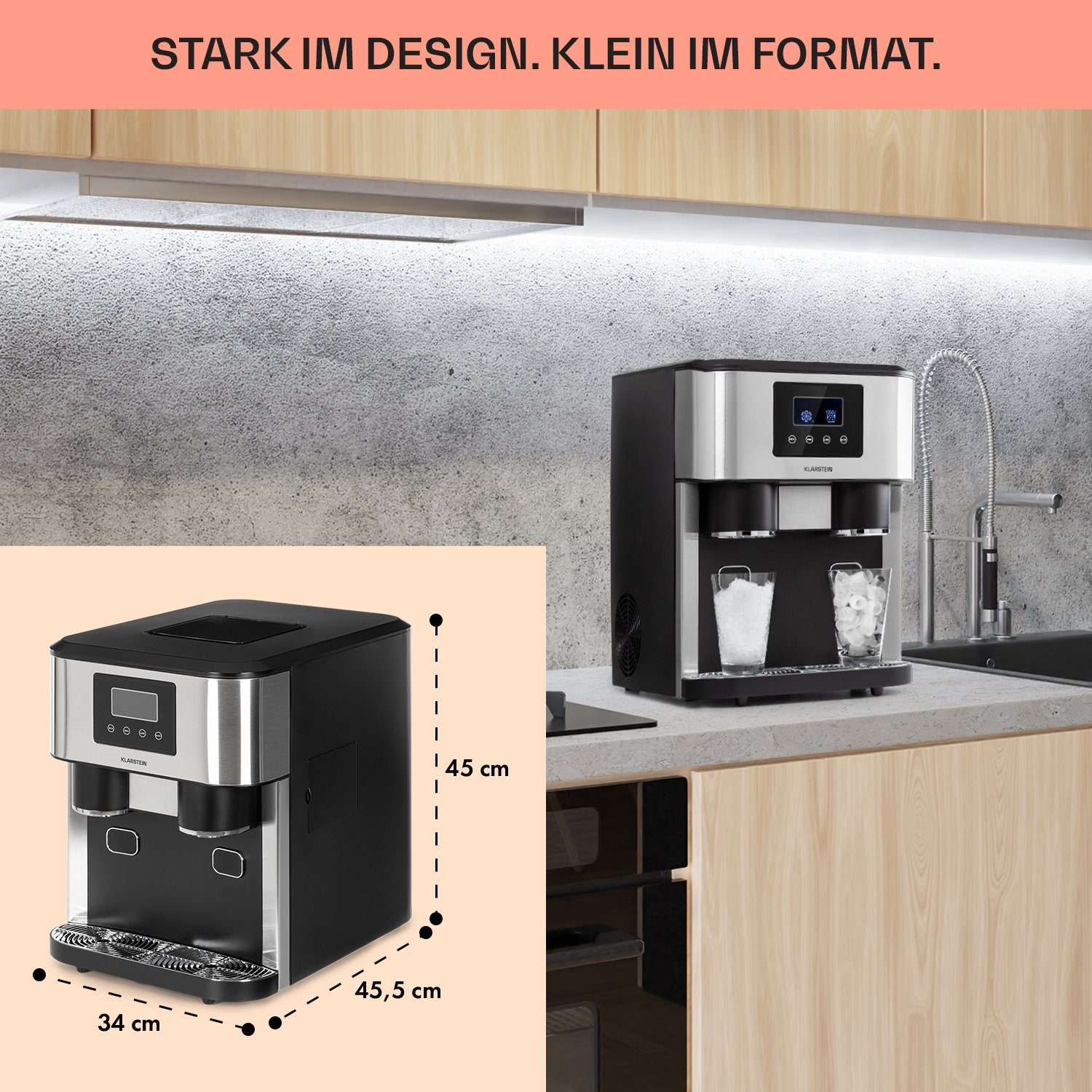 Klarstein Eiswürfelmaschine Eiszeit Crush, Eiswürfelmaschine mit Crushed Ice Eiswürfelbereiter Ice Cube Maker
