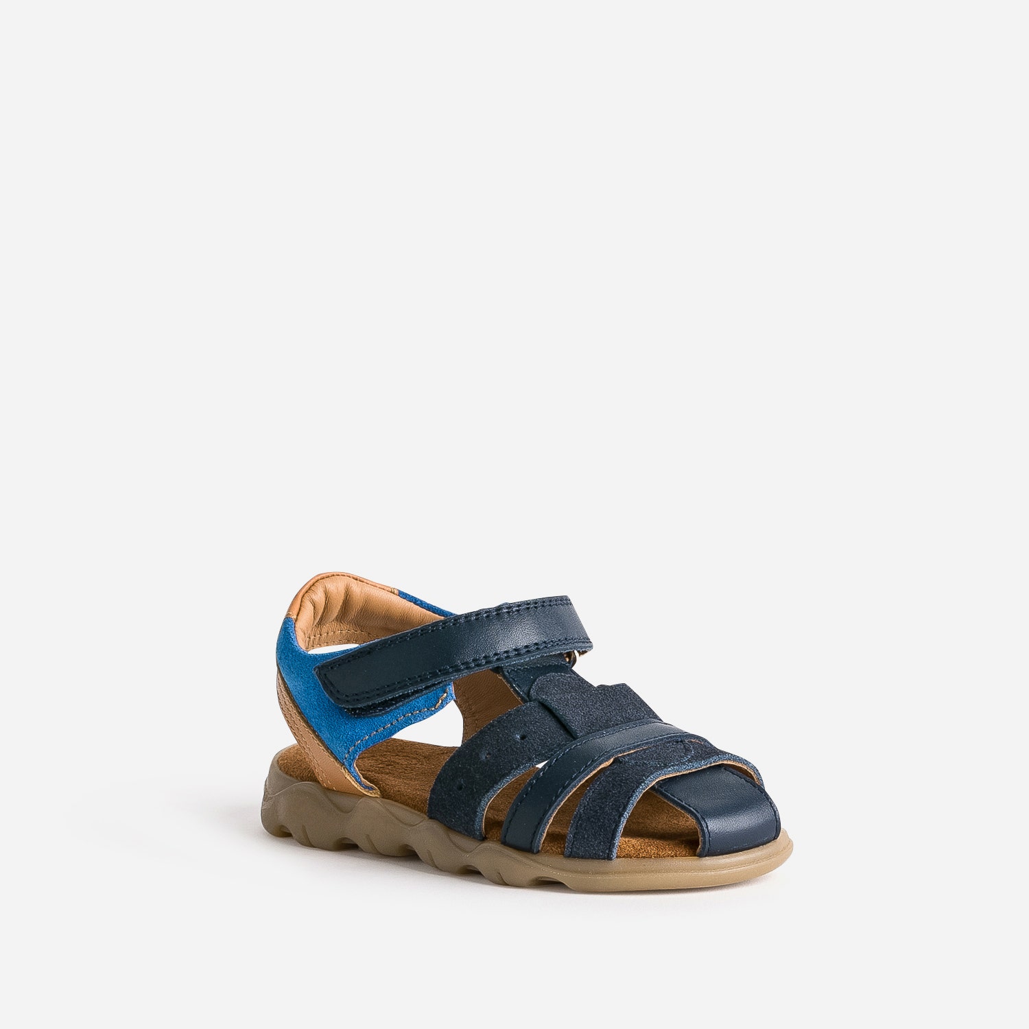 Sandale BUGGY marine, bleue, camel cuir velours