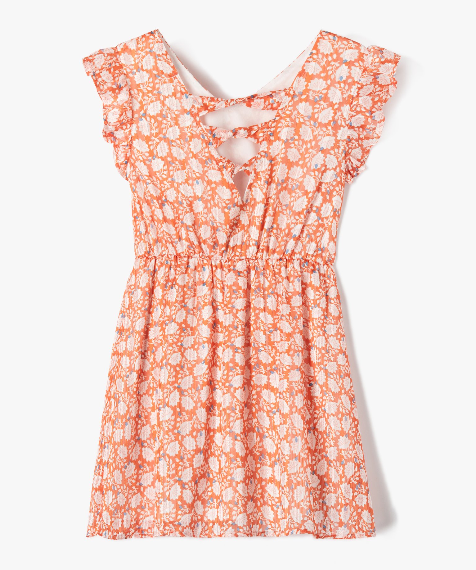 Robe fille sans manches à motifs fleuris et rayures paillet... orange | GEMO