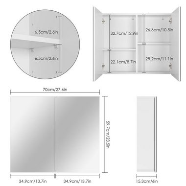 Homfa Spiegelschrank Badezimmerschrank mit 4 Fächern, Breite 70 cm, weiß, Holz