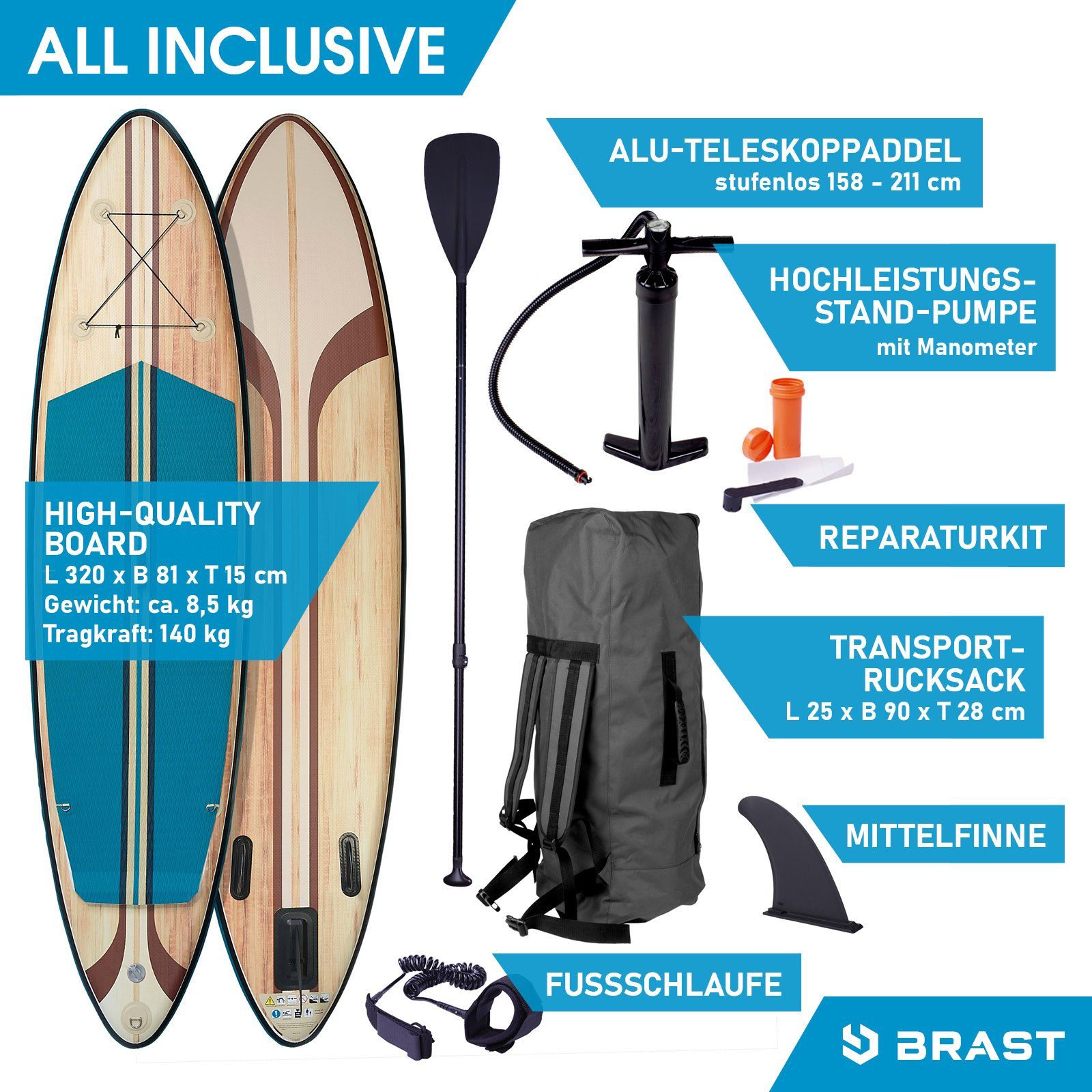 BRAST SUP-Board Tribal Ocean Sixties & Turtle, Aufblasbares Stand up Paddle Set, (320x81x15cm viele Modelle), incl. Zubehör, 5 Jahre Garantie, Fußschlaufe Paddel Pumpe Rucksack