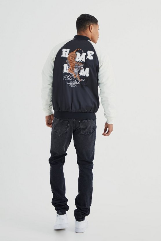Satin Souvenir-Bomberjacke mit Stickerei