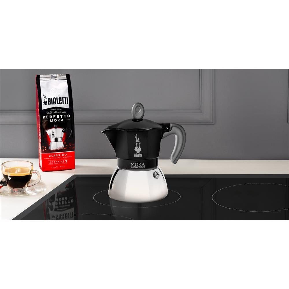 BIALETTI Espressokocher New Moka 6 Tassen, 0,28l Kaffeekanne, Alu/Stahl Induktions-/Gas-/Elektroherd Campingkocher Silber/Schwarz