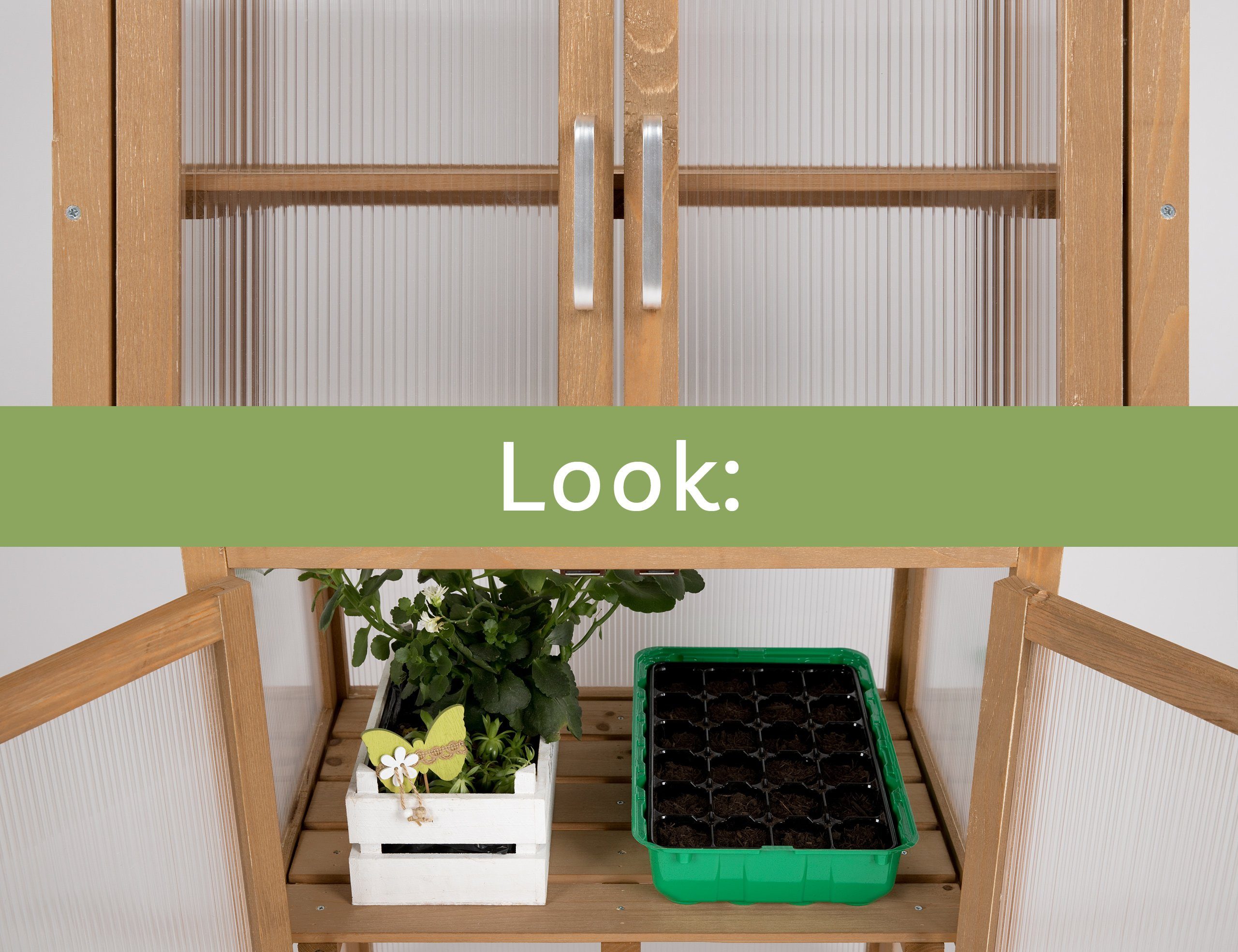 needs&wants® Gewächshaus Mini Treibhaus klein winterfest aus Holz für Balkon Garten Zimmer Indoor, Frühbeet Hochbeet Anzucht Aufzucht von Pflanzen Pflanzschrank Anzuchthaus, 56x43x76 cm, Polycarbonat, braun