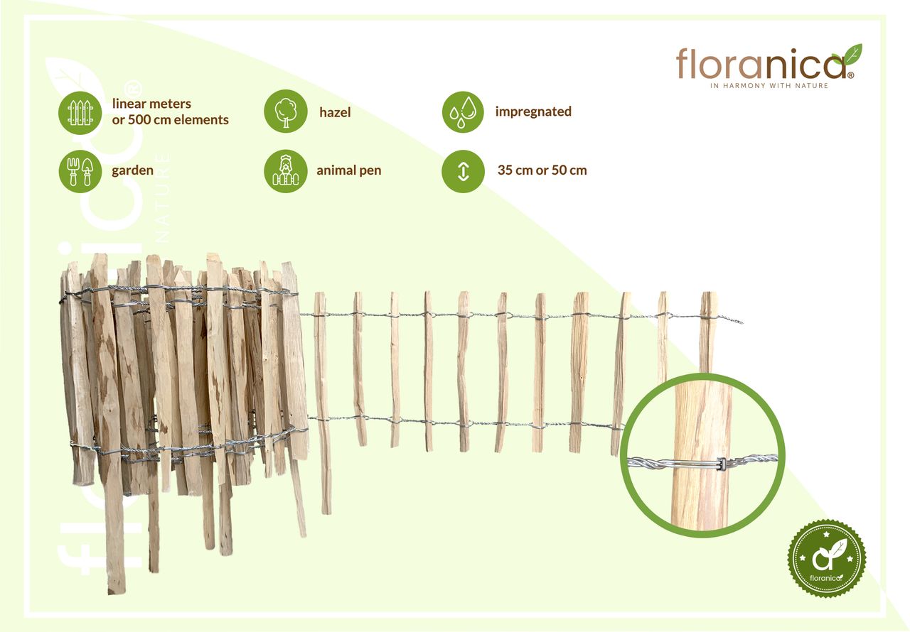 Pemicont Floranica Haselnussholz Rollzaun Imprägnierter Gartenzaun 2 Höhen Blumenbeet Palisade Tierschutz Barriere Lattenabstand: 4 6 cm Höhe: 50 cm hoch x lfm (Menge)