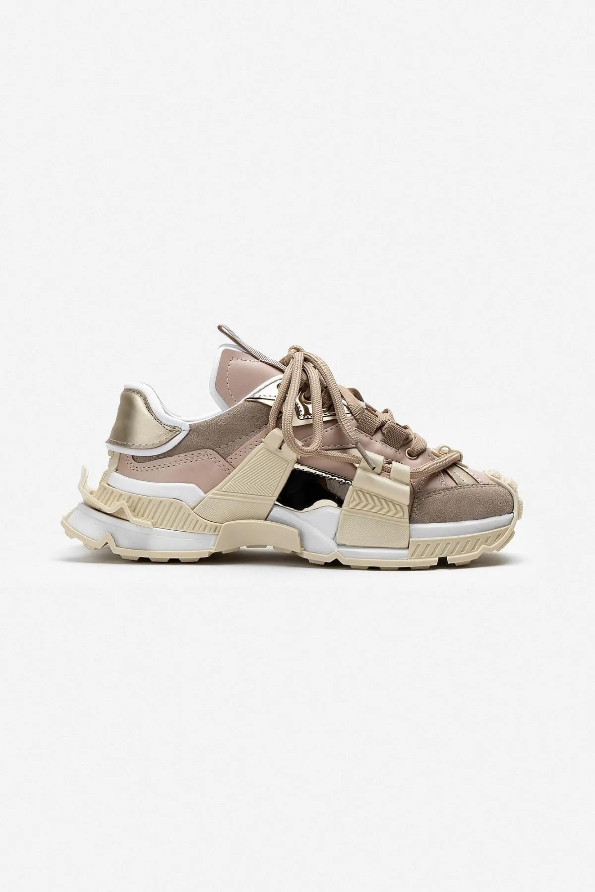 NİŞANTAŞI SHOES  Oslo Beige Matte Lace Detaillierte Damen-Sportschuhe mit dicker Sohle
