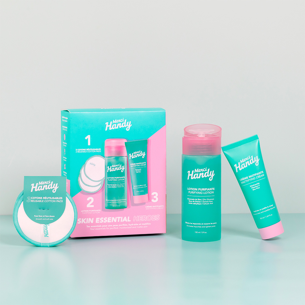 Merci Handy Skin Essential Heroes Lotion purifiante, crème matifiante et 3 cotons réutilisables