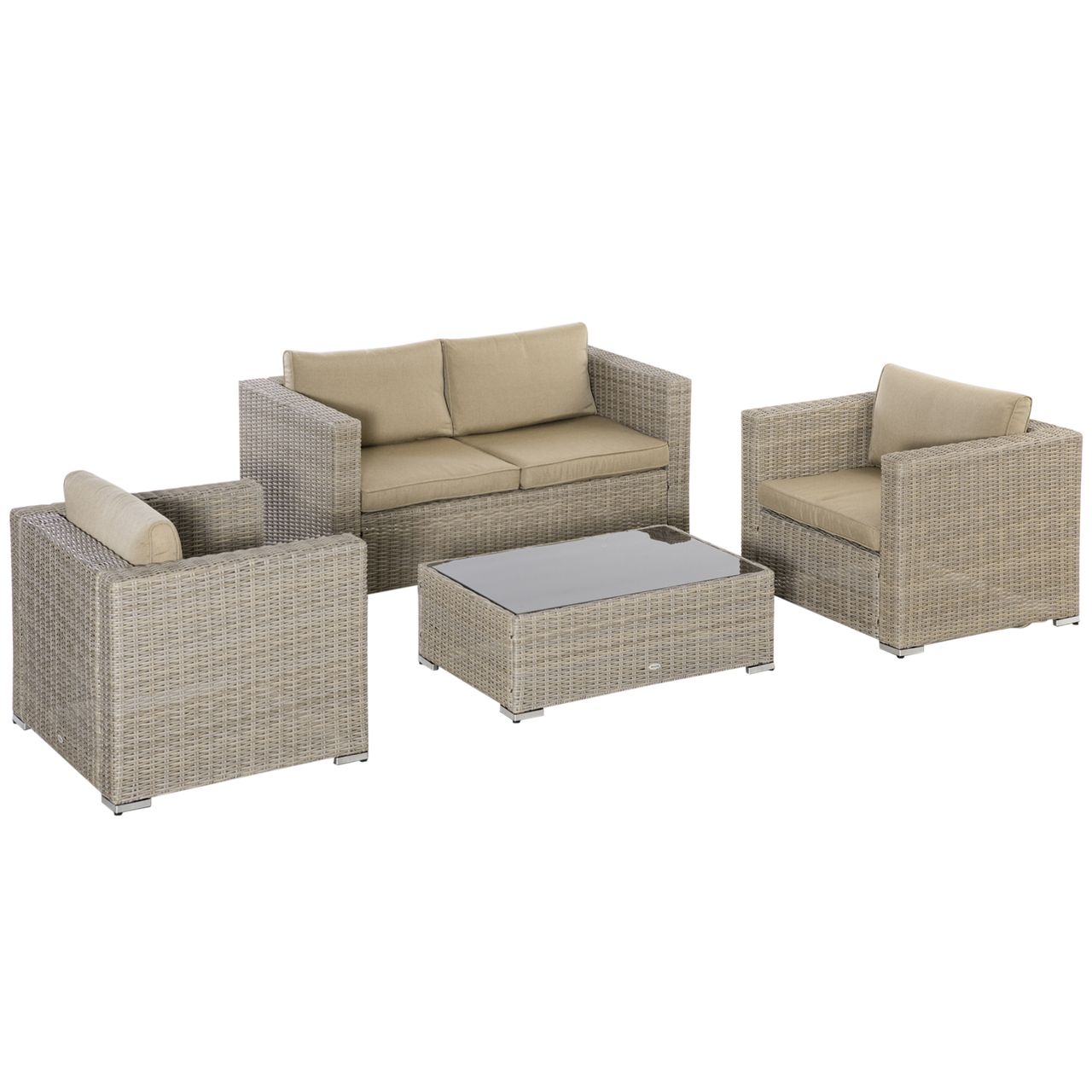 Outsunny 4-tlg. Polyrattan Gartenmöbel Set Gartengarnitur Garten-Set Sitzgruppe Loungeset Loungemöbel mit Couchtisch Sitzkissen Khaki Beige