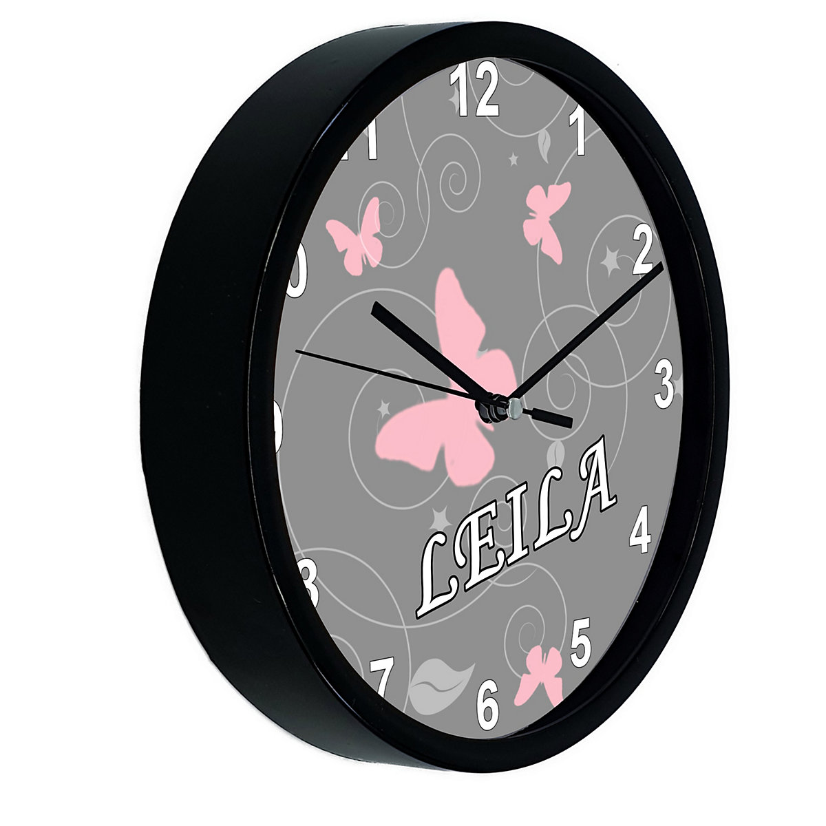 Kinder Wanduhr personalisiert mit Name Schmetterling Ornamente pink weiß grau