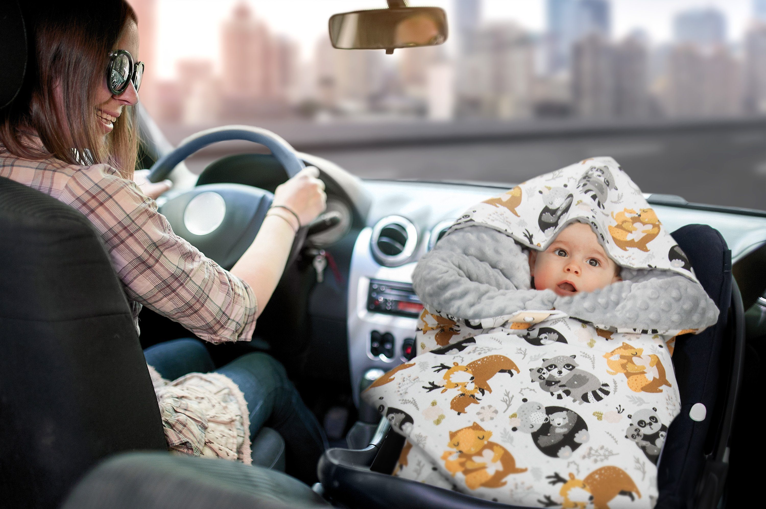 Einschlagdecke (Made in EU) Baby Babydecke, Fußsack, Kuscheldecke mit Kapuze, universal für Babyschale; Autositz; Buggy; Kinderwagen, ca. 90x90 cm, Amilian