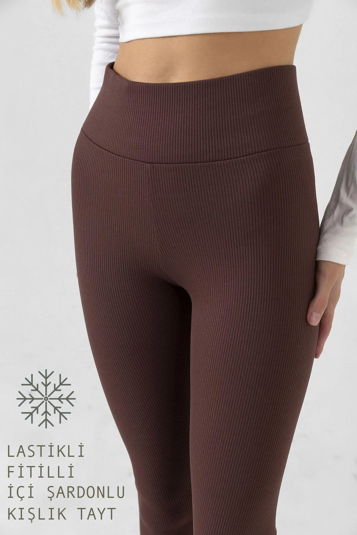 Domoda  Braune Fleece-Innenseite, elastisch, erhöht, gerippt, geraffte Interlock-Winterstrick-Leggings @verona
