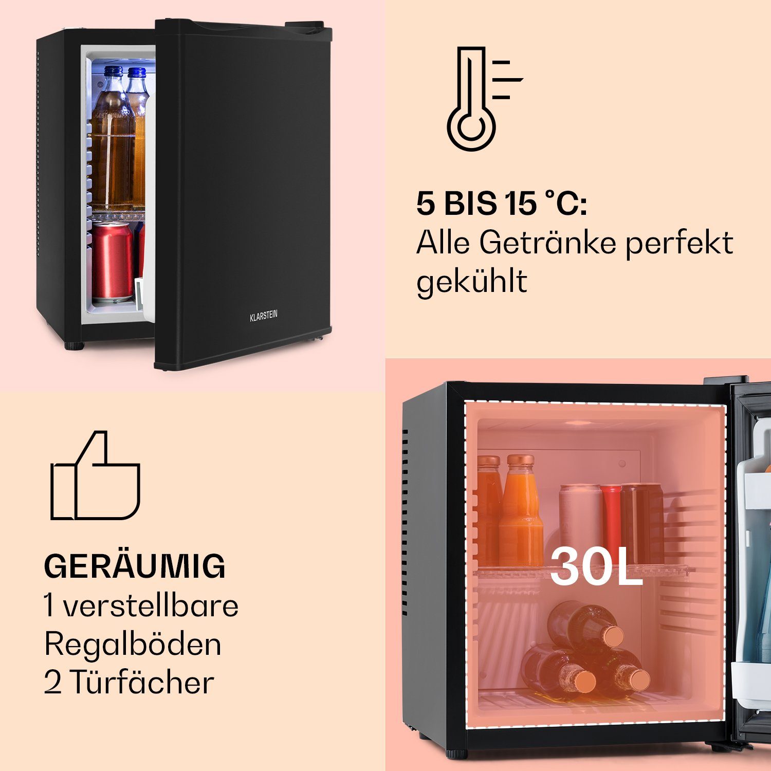 Klarstein Table Top Kühlschrank HEA-MKS-11 10005400A, 47 cm hoch, 38 cm breit, Hausbar Minikühlschrank ohne Gefrierfach klein Kühlschrank Getränke