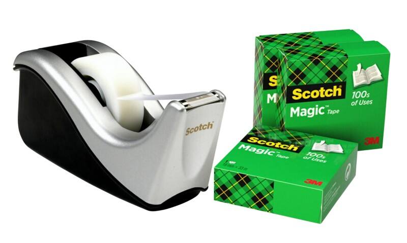Scotch Klebebandabroller C60 Schwarz & Silber mit 4 Rollen Scotch Magic Klebefilm 810 Matt Unsichtbar 19 mm (B) × 33 m (L)