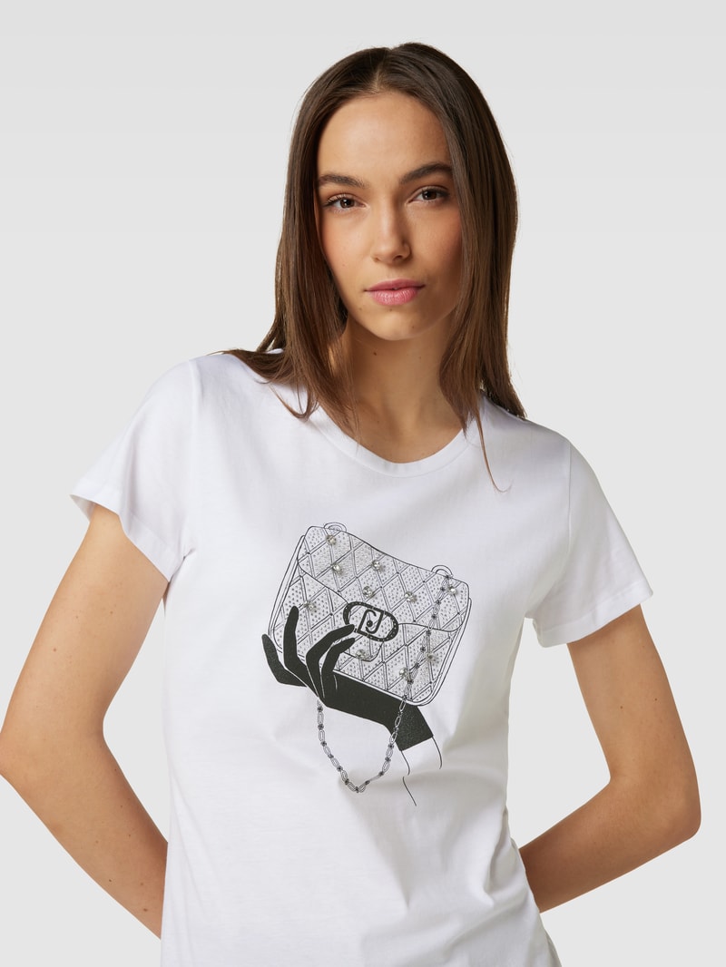 T-Shirt mit Motiv-Print und Ziersteinbesatz in weiss