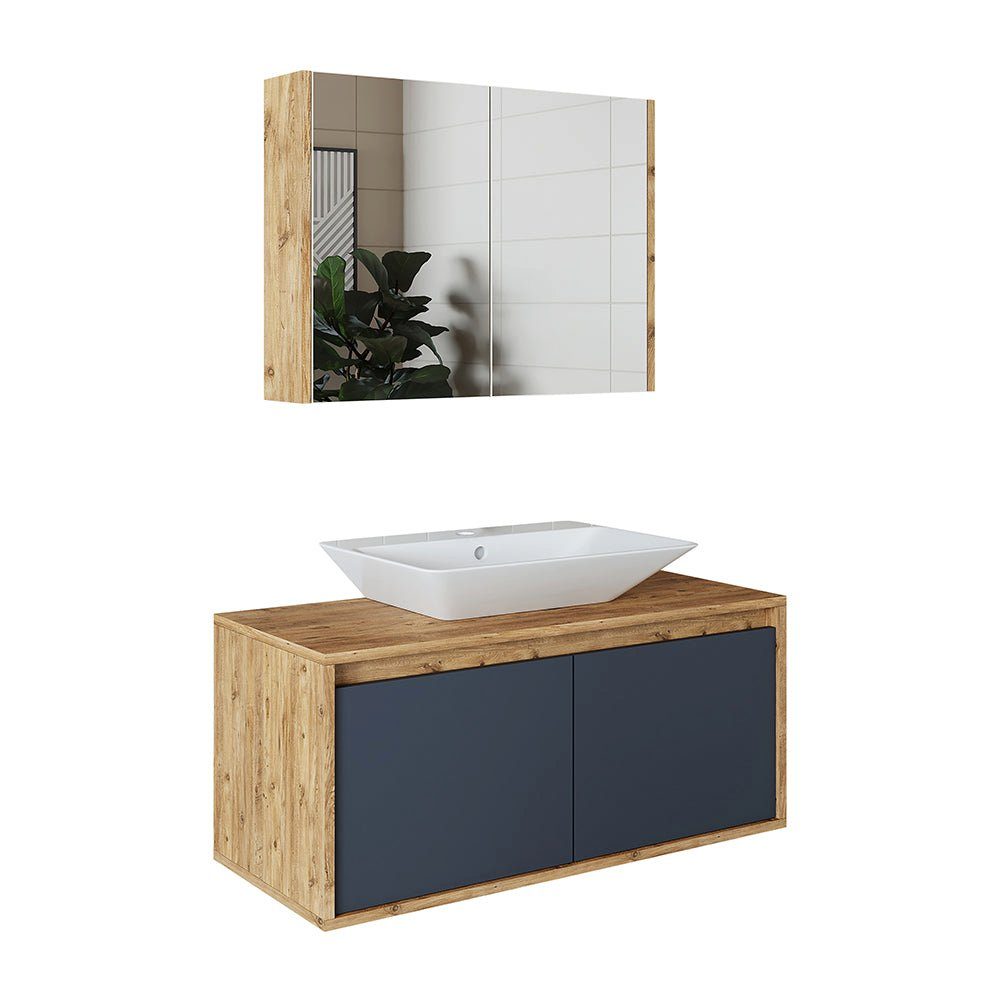 Roomart Badmöbel-Set, (Badmöbel Set 3-teilig 100cm Unterschrank mit Waschbecken Spiegelscrank)