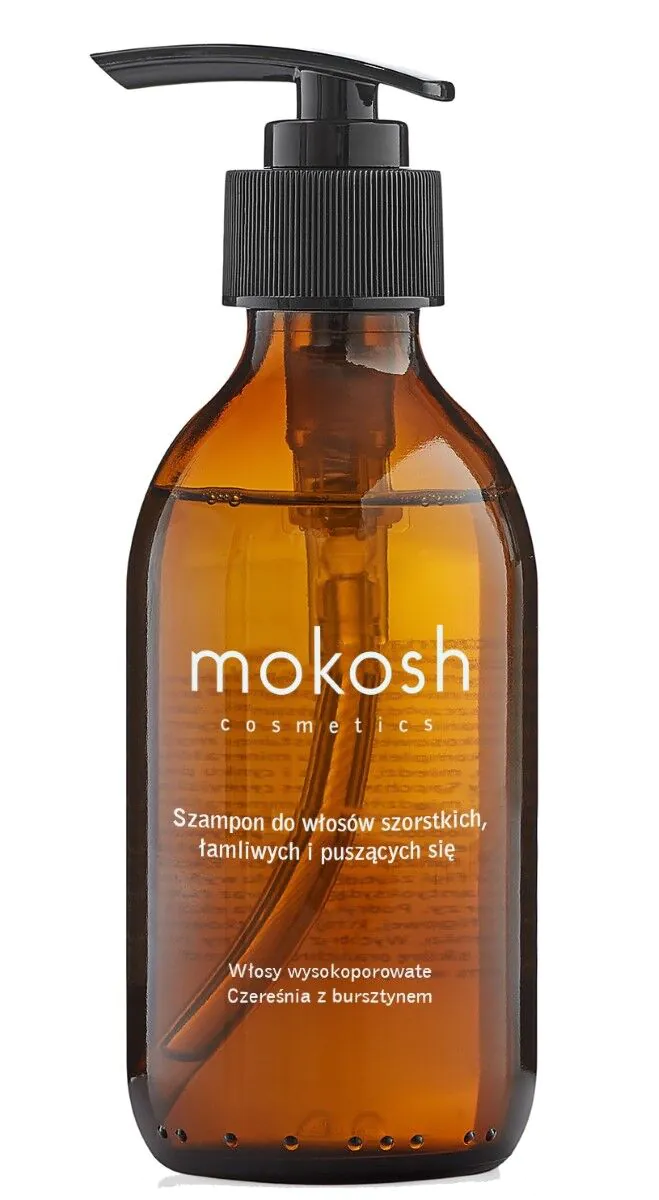 „Mokosh“ šampūnas šiurkštiems, lūžinėjantiems ir garbanotiems plaukams su vyšnia ir gintaru (didelio poringumo).