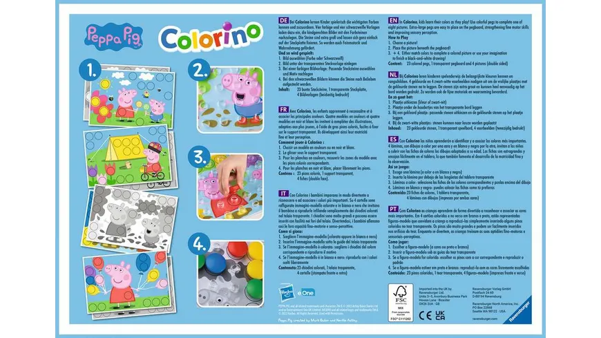 Ravensburger Spiel - Peppa Pig Colorino, Kinderspiel zum Farbenlernen, Mosaik Steckspiel, ab 2 Jahre