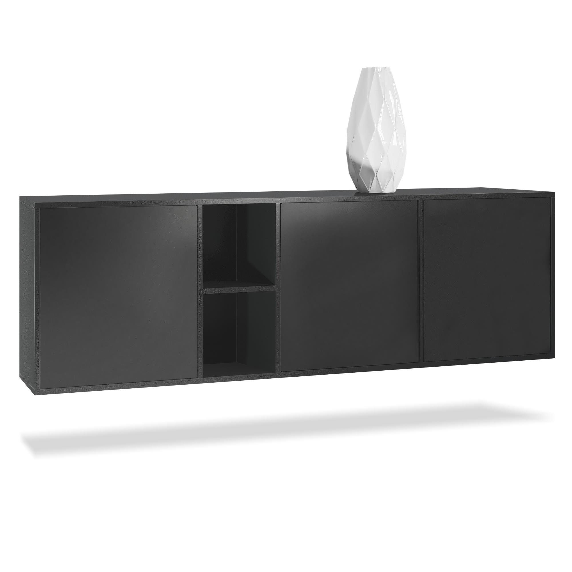 Vladon Sideboard Cuba (Kommode, mit 3 Türen und 2 offene Fächer), Schwarz matt (182 x 53 x 35 cm)