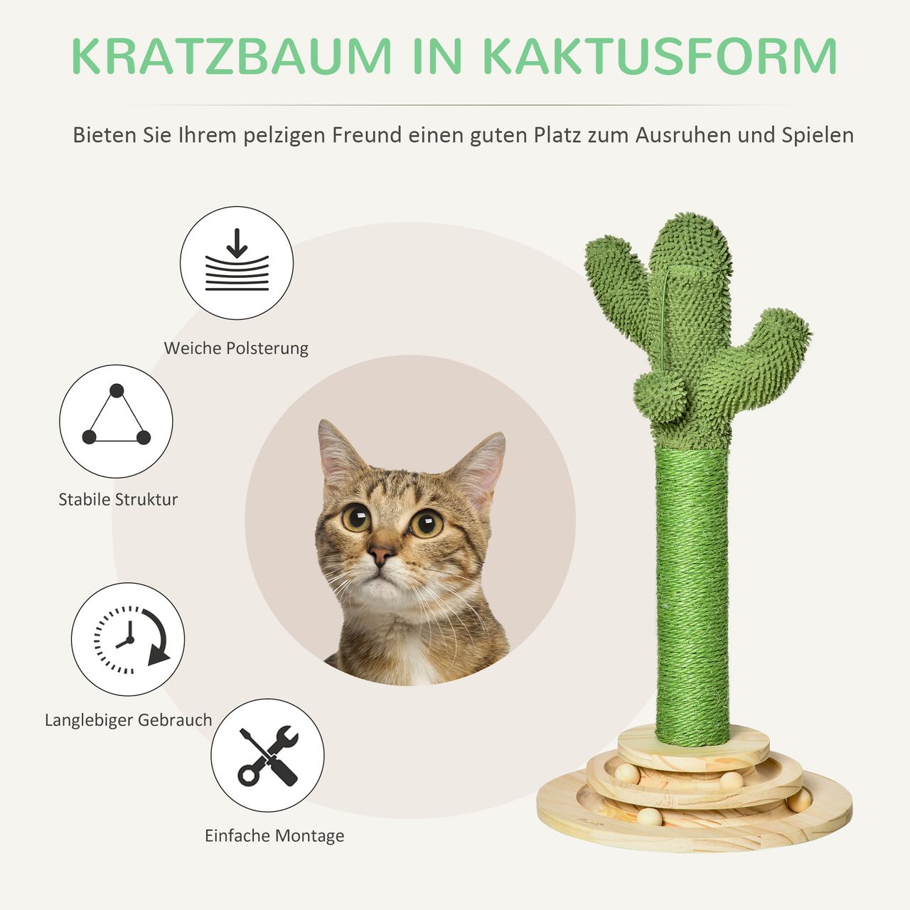 PawHut Kratzbaum Kaktus Spielzeug 65 cm Hoch Sisal Seil Kiefernholz Grün Natur