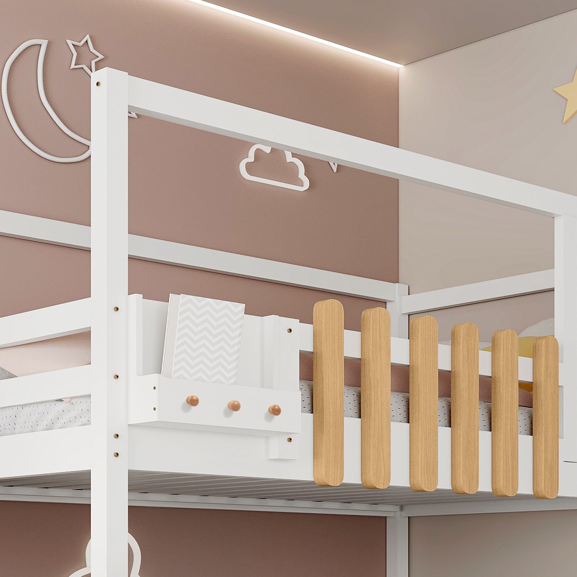 REDOM Kinderbett Kinderbett Einzelbett Gästebett Bett (mit 3 Schließfächer in der Treppe, mit Fallschutzgitter, mit Treppe, Fenster und Regalkasten), Rahmen aus massivem Kiefernholz, Ohne Matratze