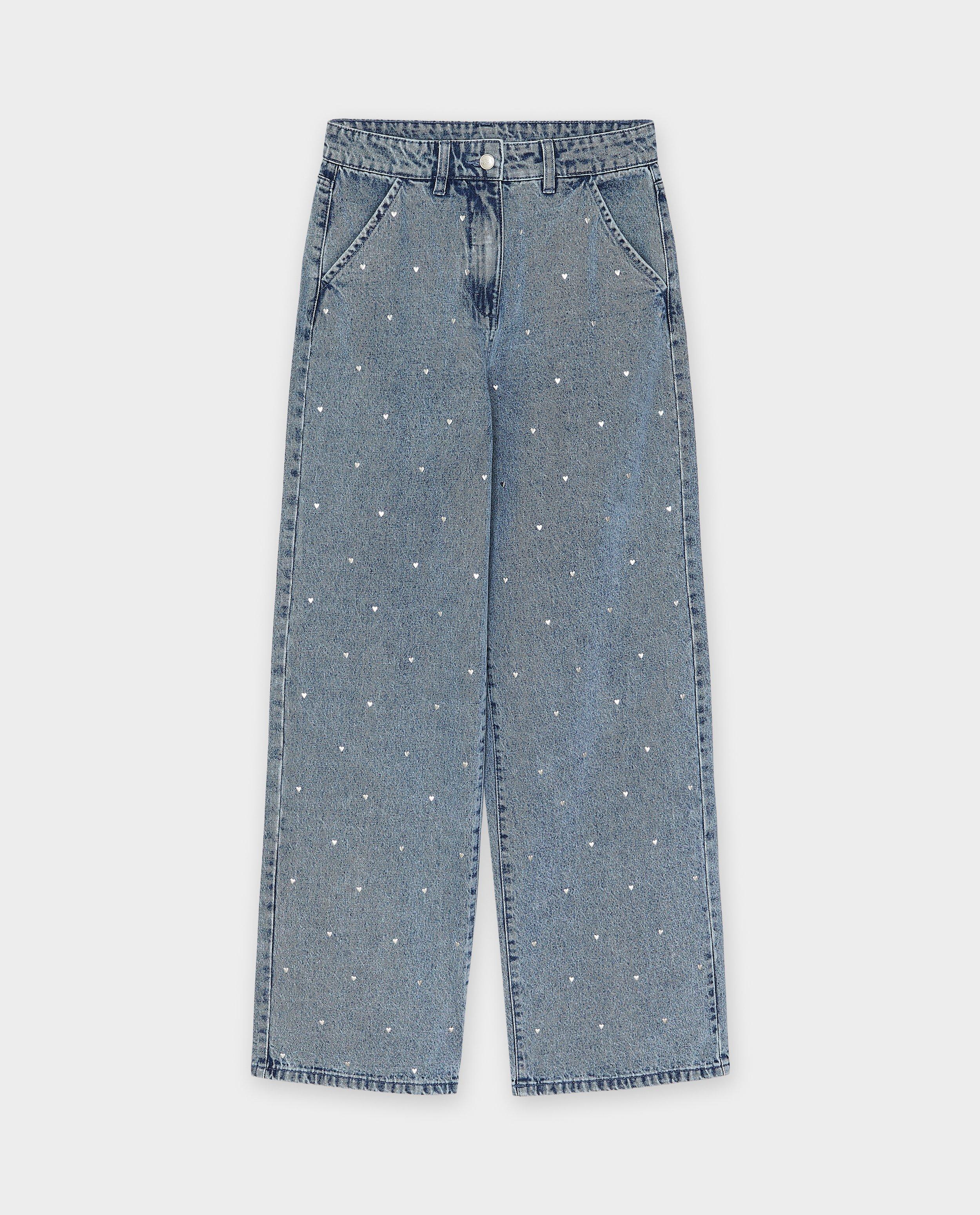 K3 farmernadrág fémes szívekkel, egyenes szabású, XS-XL kék