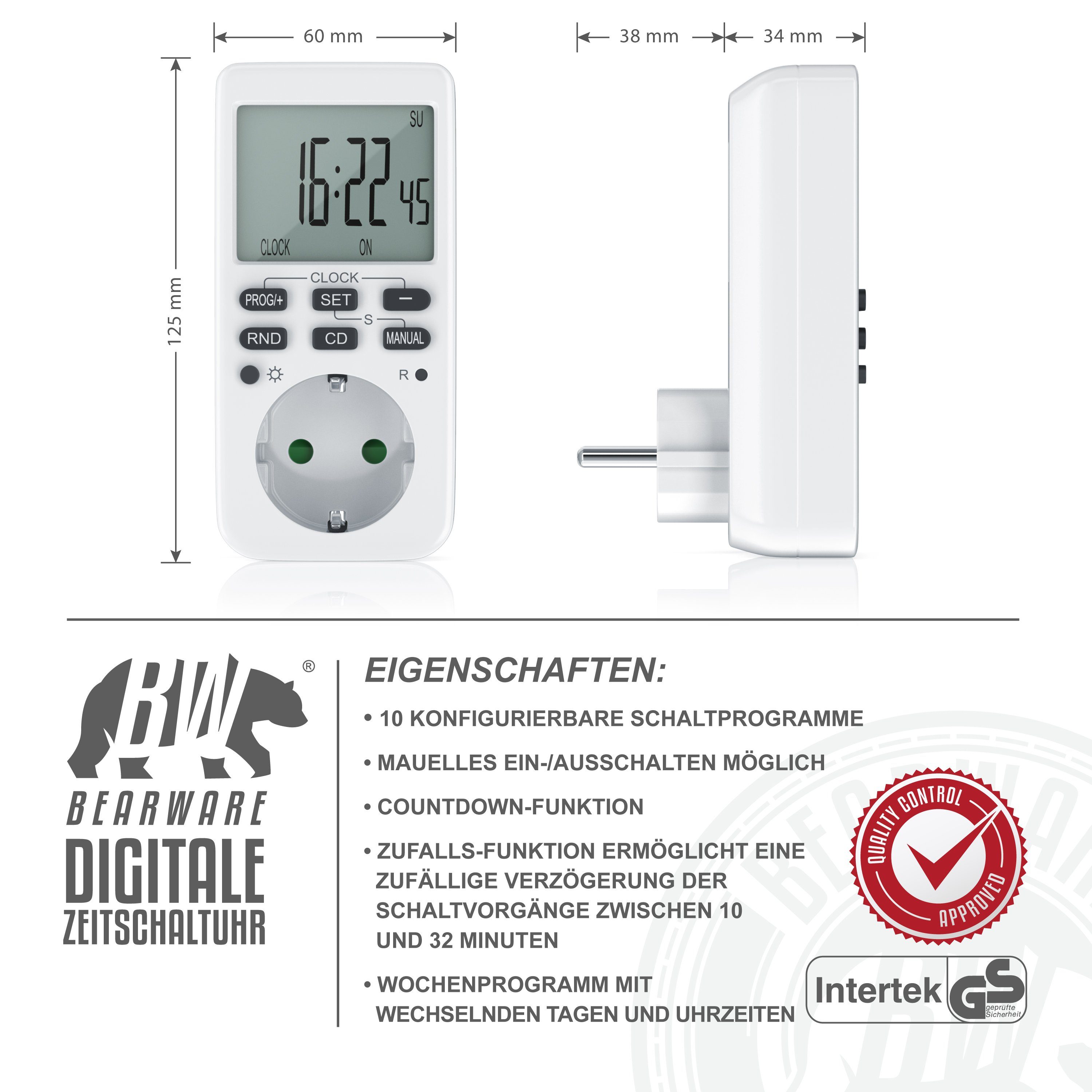 BEARWARE Zeitschaltuhr, digital, 1-St., programmierbar, LCD Display, Steckdosen Timer, max. 3680W