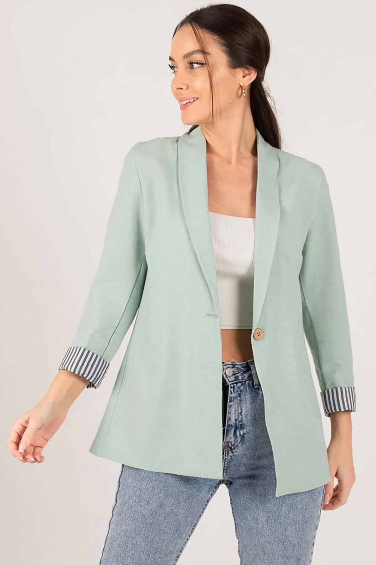 armonika  Gestreifte Jacke mit einem Knopf für Damen in Mintgrün, ARM-22K001122