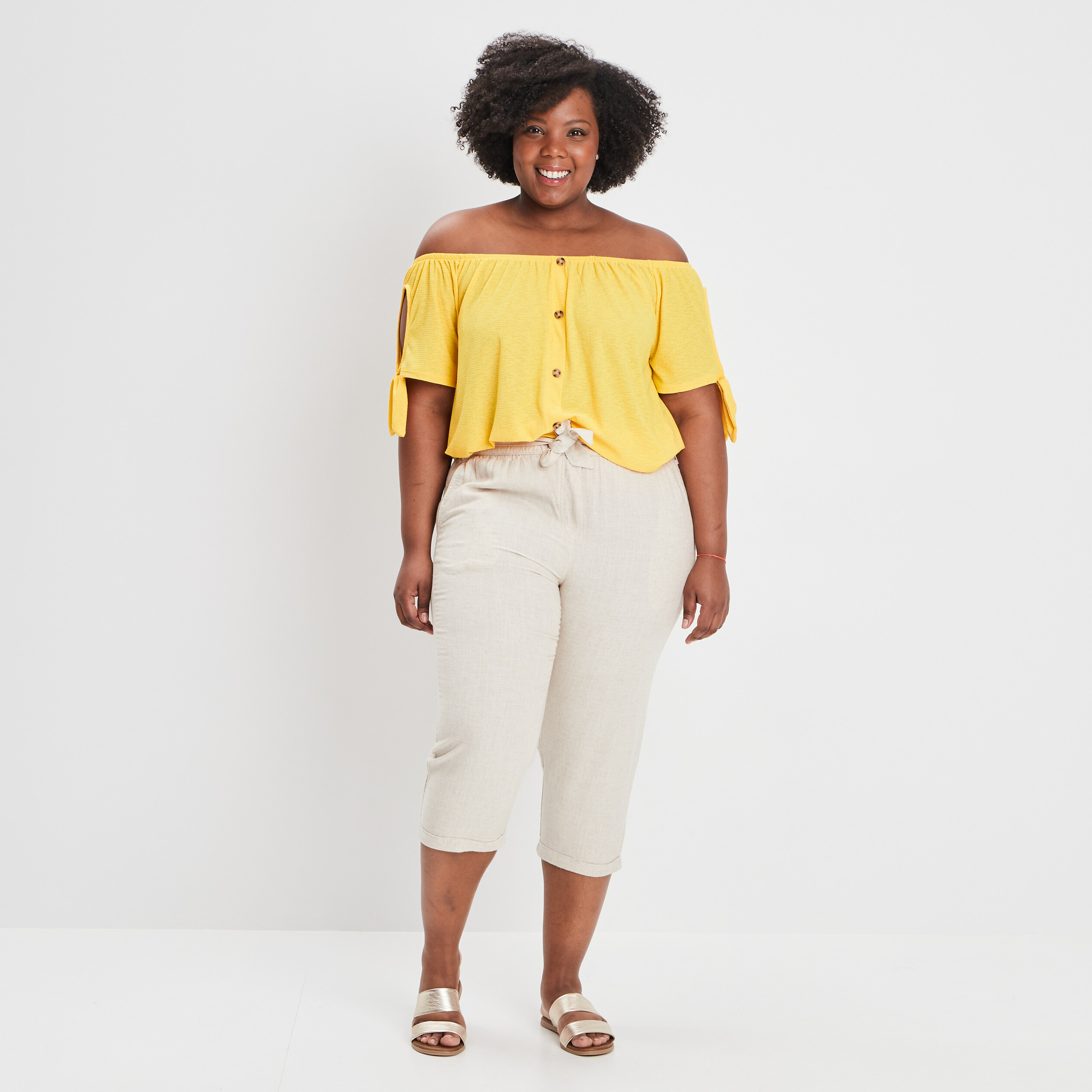 Pantacourt droit ceinturé mélange de lin sable femme grande taille | La Halle