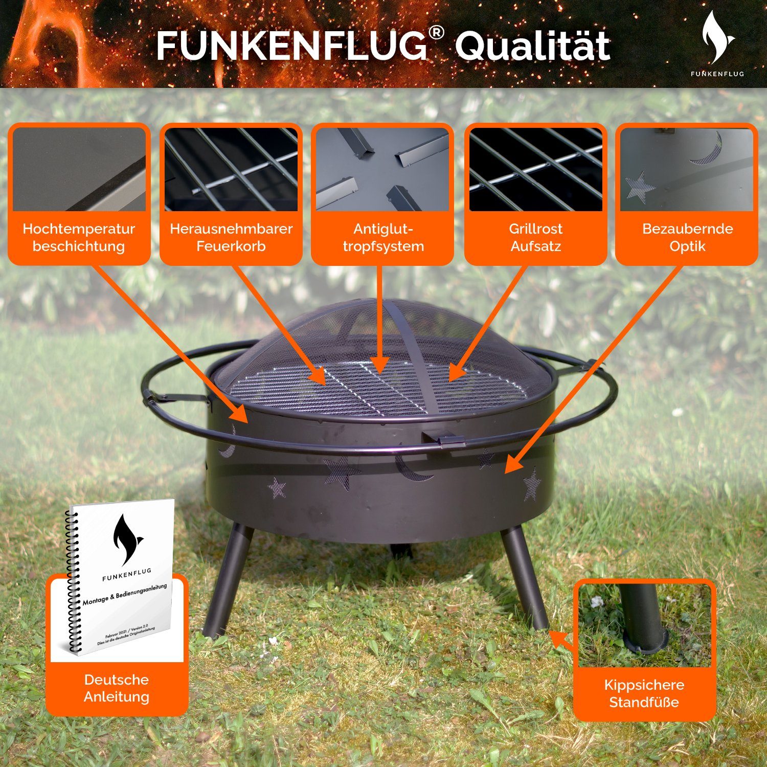 Funkenflug Feuerschale Feuerschale mit Funkenschutz in atemberaubender Mond und Sterne Optik, (Feuerschale inkl. Grillzubehör, Feuerkorb mit Grillrost & Grill Abdeckhaube), - Feuerstelle für geselliges Ambiente -