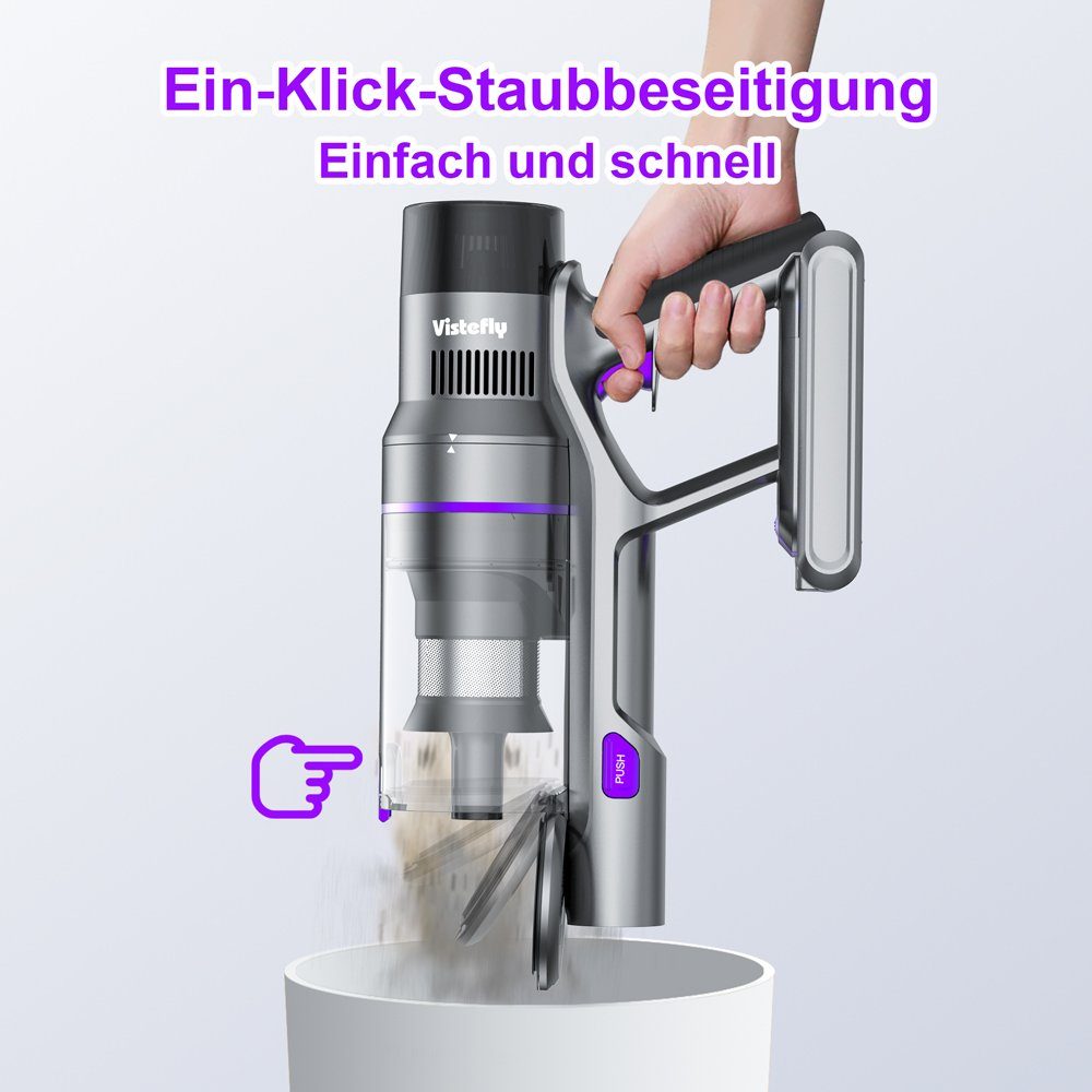 VISTEFLY Akku-Stielstaubsauger V15MAX Akku Staubsauger 33KPA,60 Min,Ausziehbares Rohr, 500,00 W, beutellos, Intelligente Stauberkennung,Filtration mit 6 Stufen