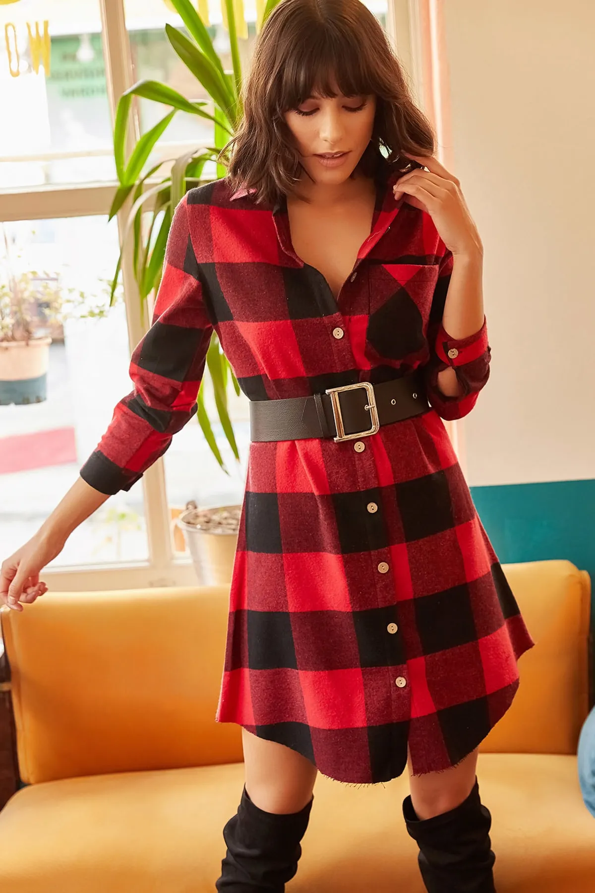 Olalook  Rotes Lumberjack-Tunikakleid mit dickem Karomuster für Damen ELB-19000836