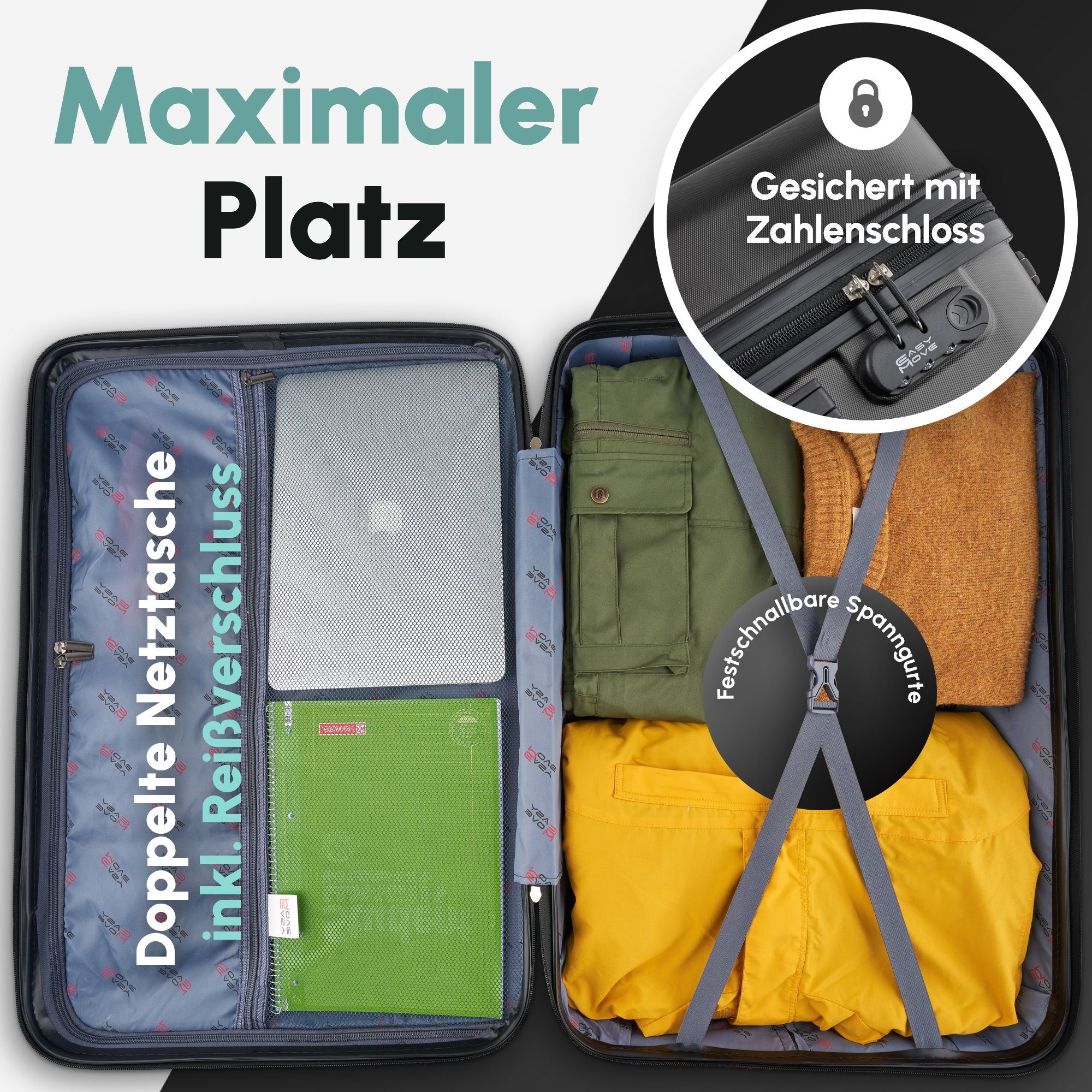 Easy Move Hartschalen-Trolley Ace 026, Reisekoffer mit 4 Rollen, 360° Rollen, 3 tlg. Set M-L-XL