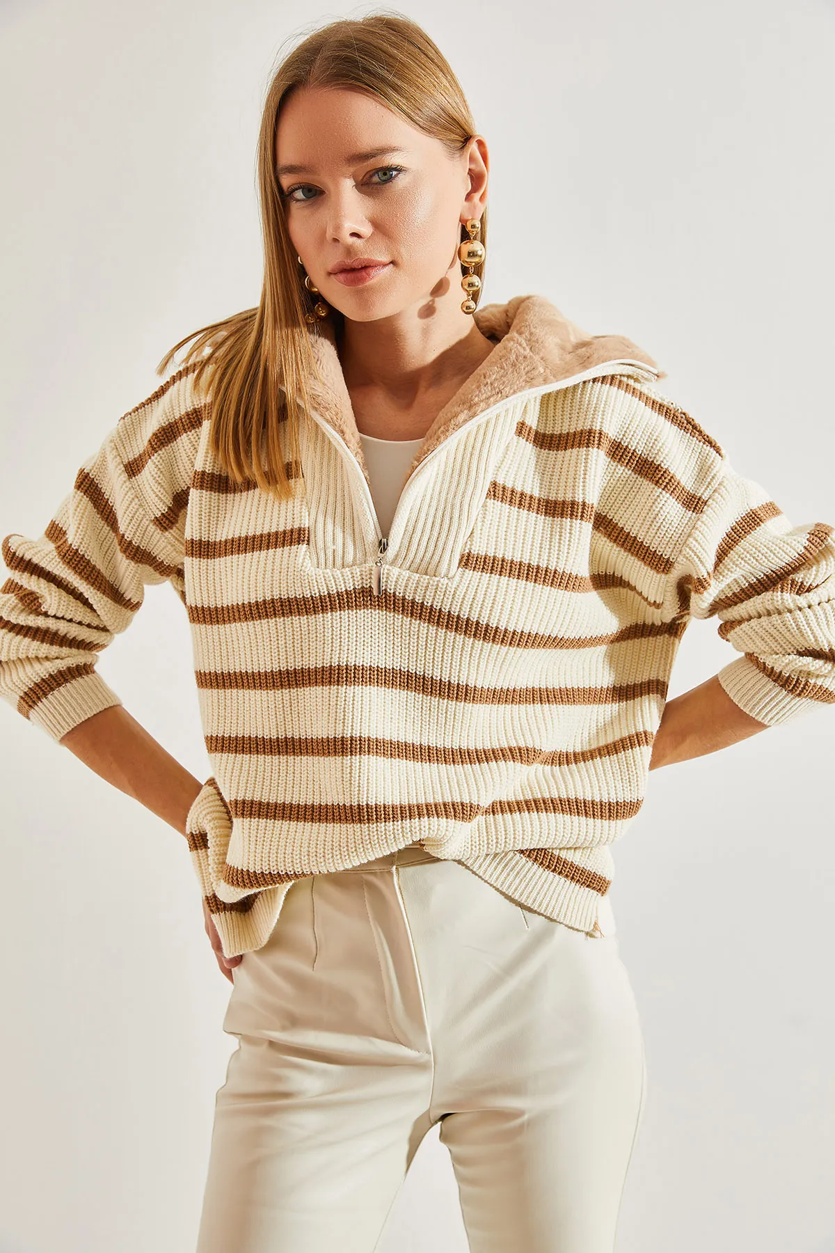 Bianco Lucci  Gestreifter Damen-Strickpullover mit Pelzkragen und Reißverschluss