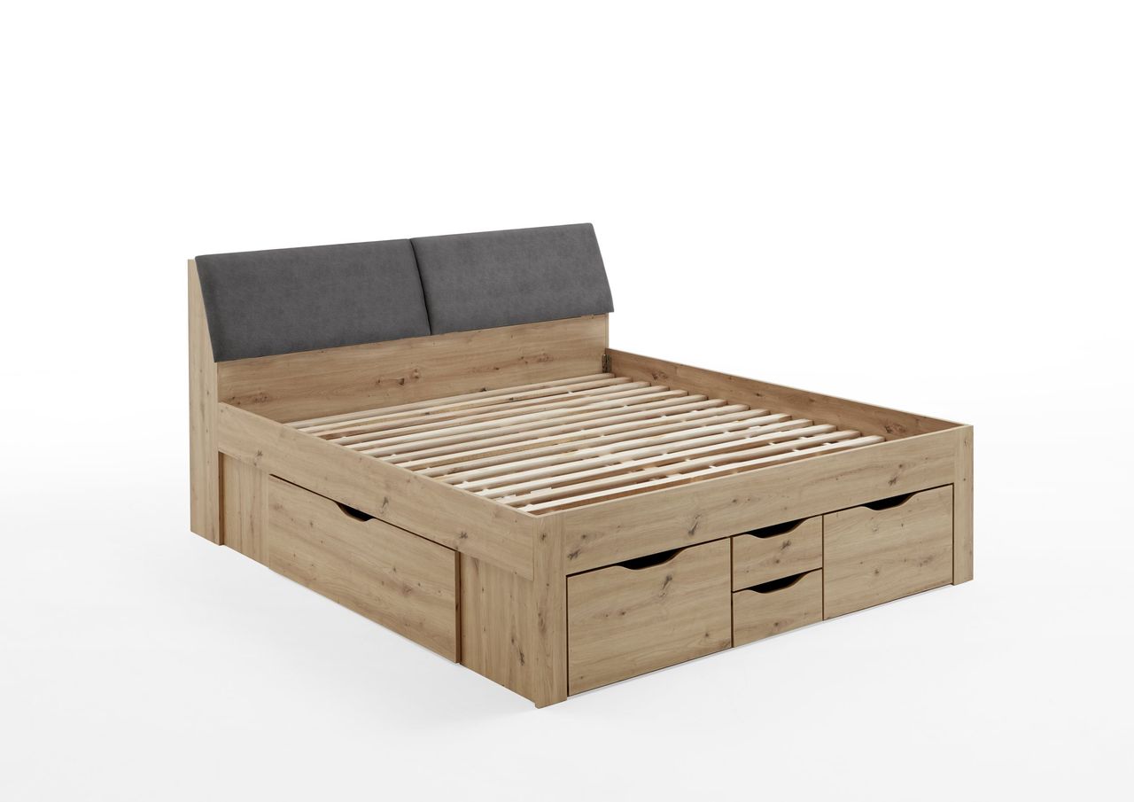 Relita Funktionsbett Maxi 180 x 200 cm, mit Rolllattenrost mit 6 Bettschubladen und Stauraum-Polster-Kopfteil Eiche Artisan Dekor