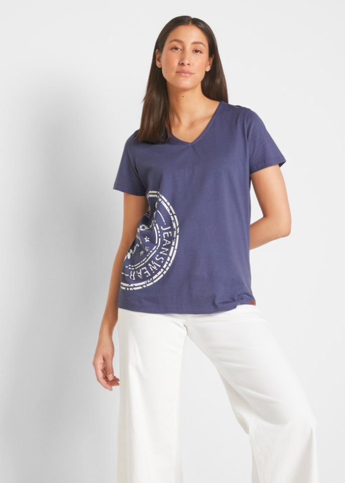 T-Shirt mit V-Kragen, bedruckt