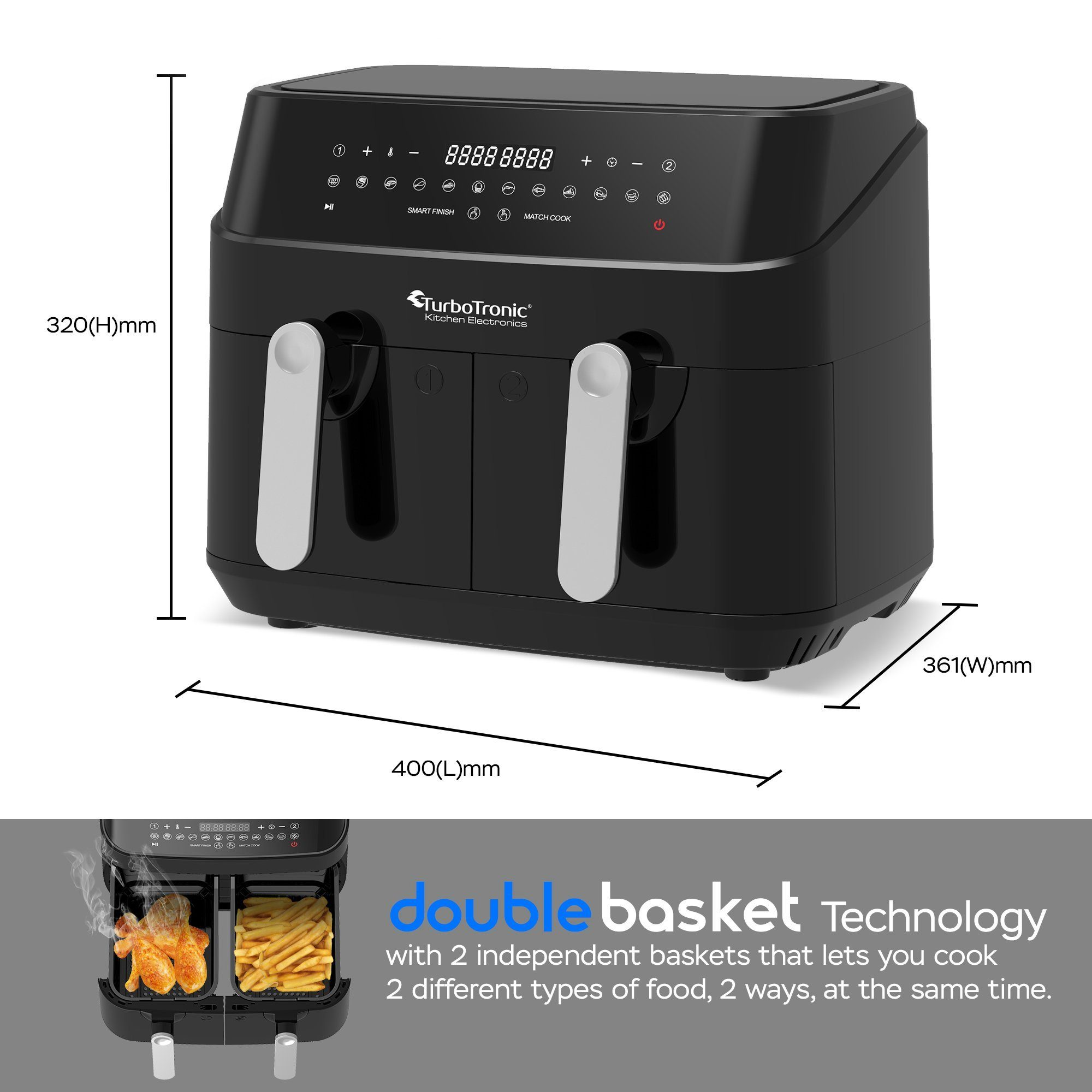 TurboTronic by Z-Line Heißluftfritteuse XXL Doppelkammer 2x 4,5 Liter, 50°C - 200°C, Power, dual, Camping, 3200 W, 12 Programme Fritteuse ohne Fett, digitaler doppel Airfryer Fettfrei
