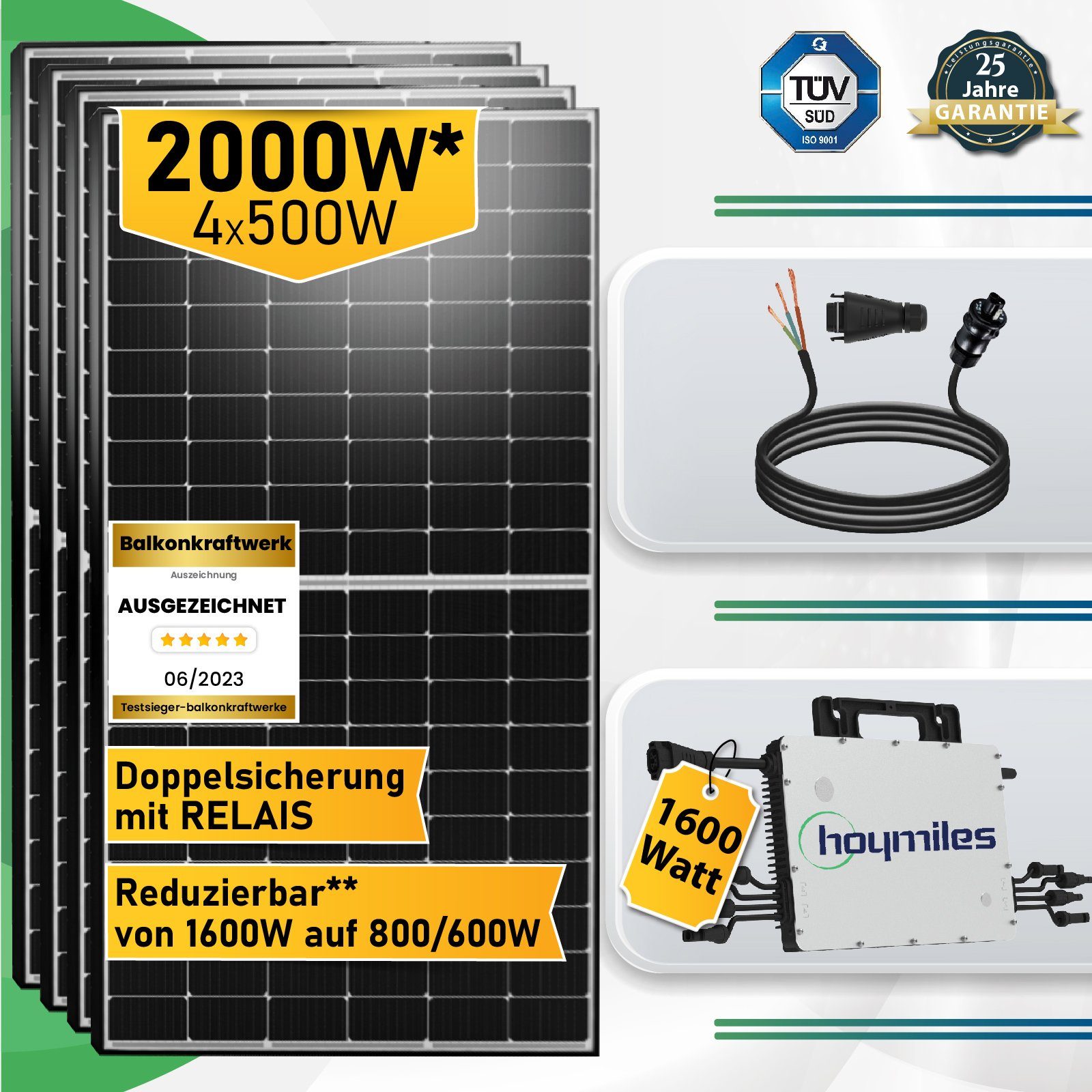 Campergold Solaranlage 2000W (4x 500W) Photovoltaik Balkonkraftwerk Mini-PV Anlage, Hoymiles HMS-1600W-4T (Die Freigabe der Verbindung für 4 Module) Mikrowechselrichter, Antireflexbeschichtung, Monokristallin, Wasserdichtigkeitsklasse, Balkon-Solaran
