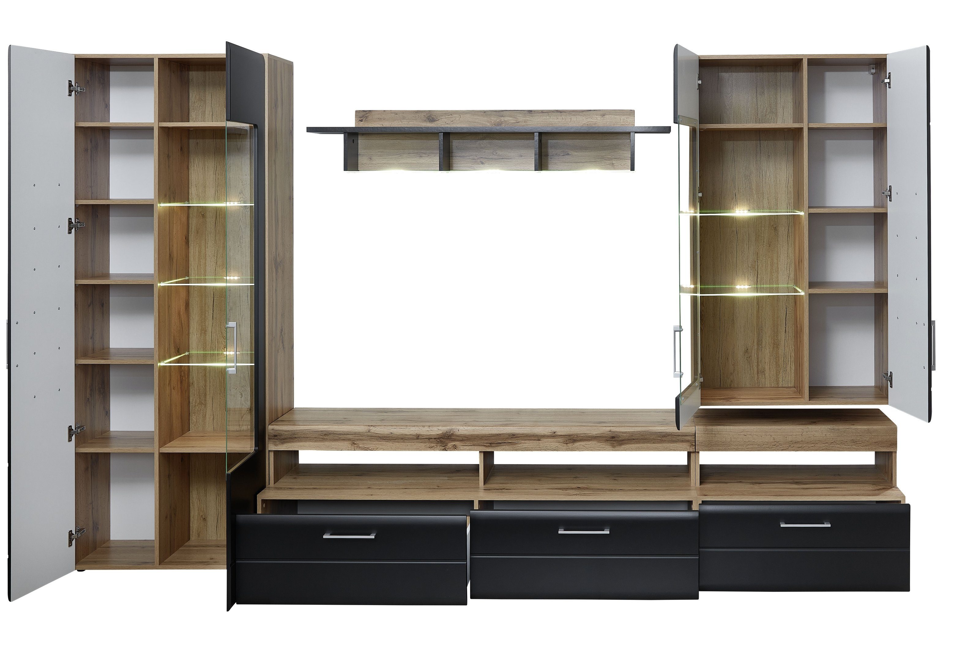 möbelando Wohnwand Sidonia, (5-St), Moderne Wohnwand. Korpus aus MDF in Eiche Altholz Nachbildung, Front in Lack Laminat schwarz supermatt, Griffe in chrom matt und Absetzung in Hirnholz Nachbildung