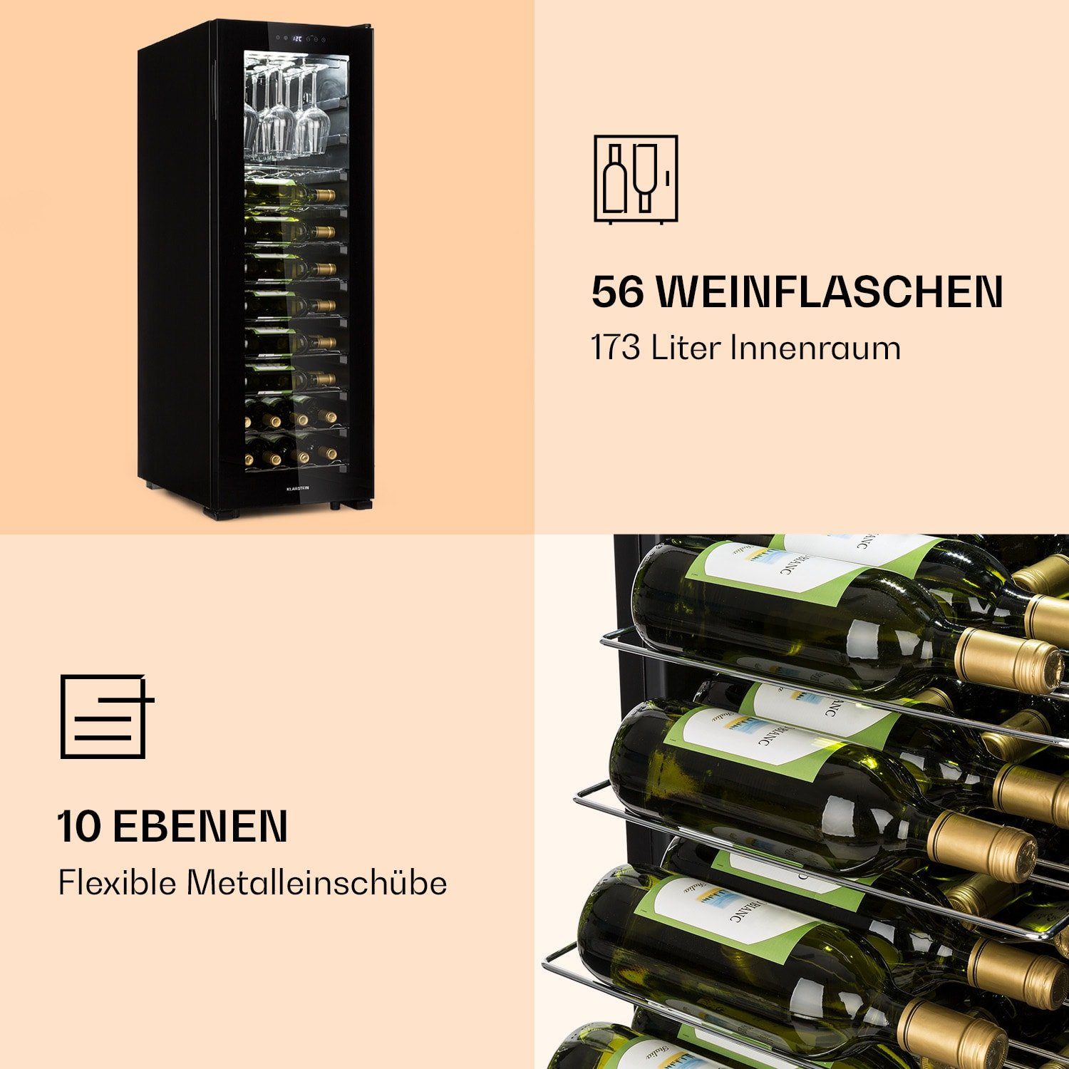 Klarstein Weinkühlschrank Bellevin 62, für 56 Standardflaschen á 0,75l,2 Zonen Wein Flaschenkühlschrank Weintemperierschrank Weinschrank
