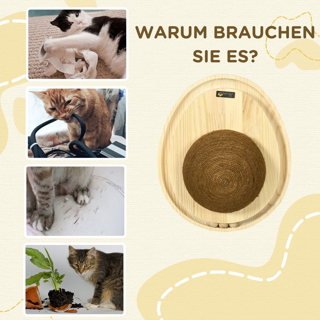 PawHut Interaktives Katzenspielzeug, 2-in-1-Design, Kratzspielzeug, Kiefernholz