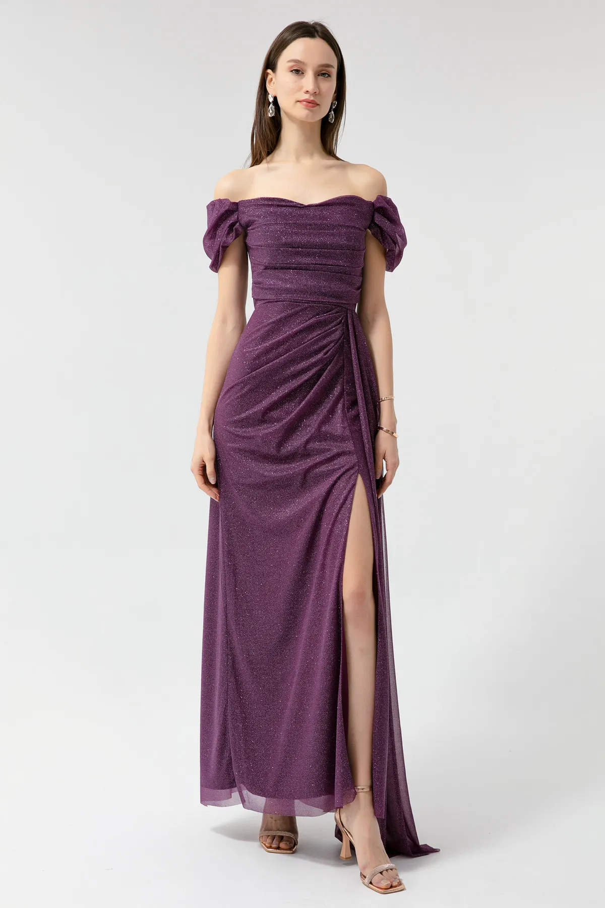 Lafaba  Damen-Abendkleid in Pflaume mit U-Boot-Ausschnitt, drapiertem Schlitz, langes Glitzer-Abendkleid
