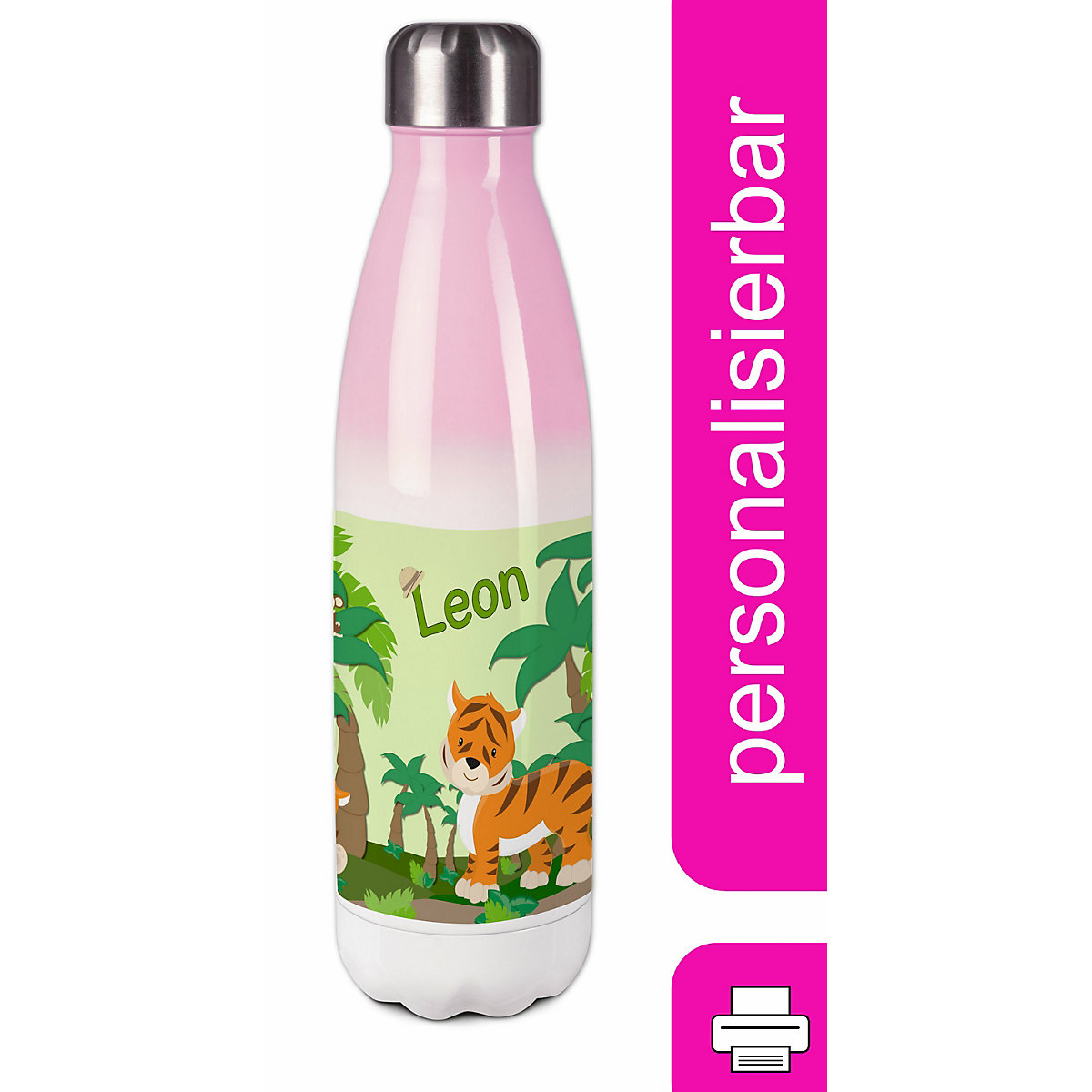 Edelstahl Kinder Thermoflasche / Trinkflasche bunt Dschungel Spülmaschinenfest, Auslaufsicher, Bruchfest, Doppelwandig, Für Heißgetränke geeignet, Mit Deckel, Isoliert