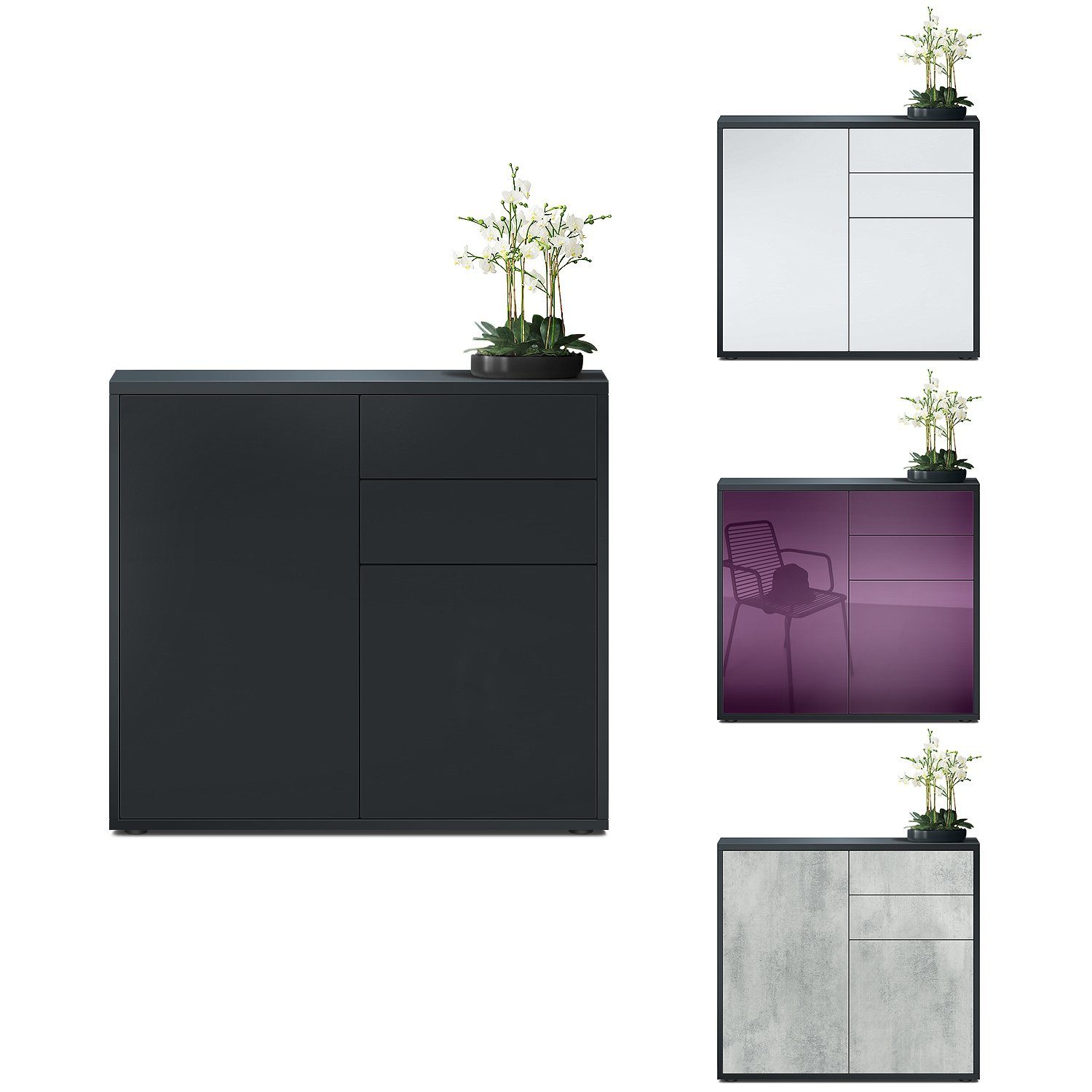 Vladon Kommode Ben (Kommode, mit 2 Türen und 2 Schubladen), Schwarz matt/Weiß matt (79 x 74 x 36 cm)