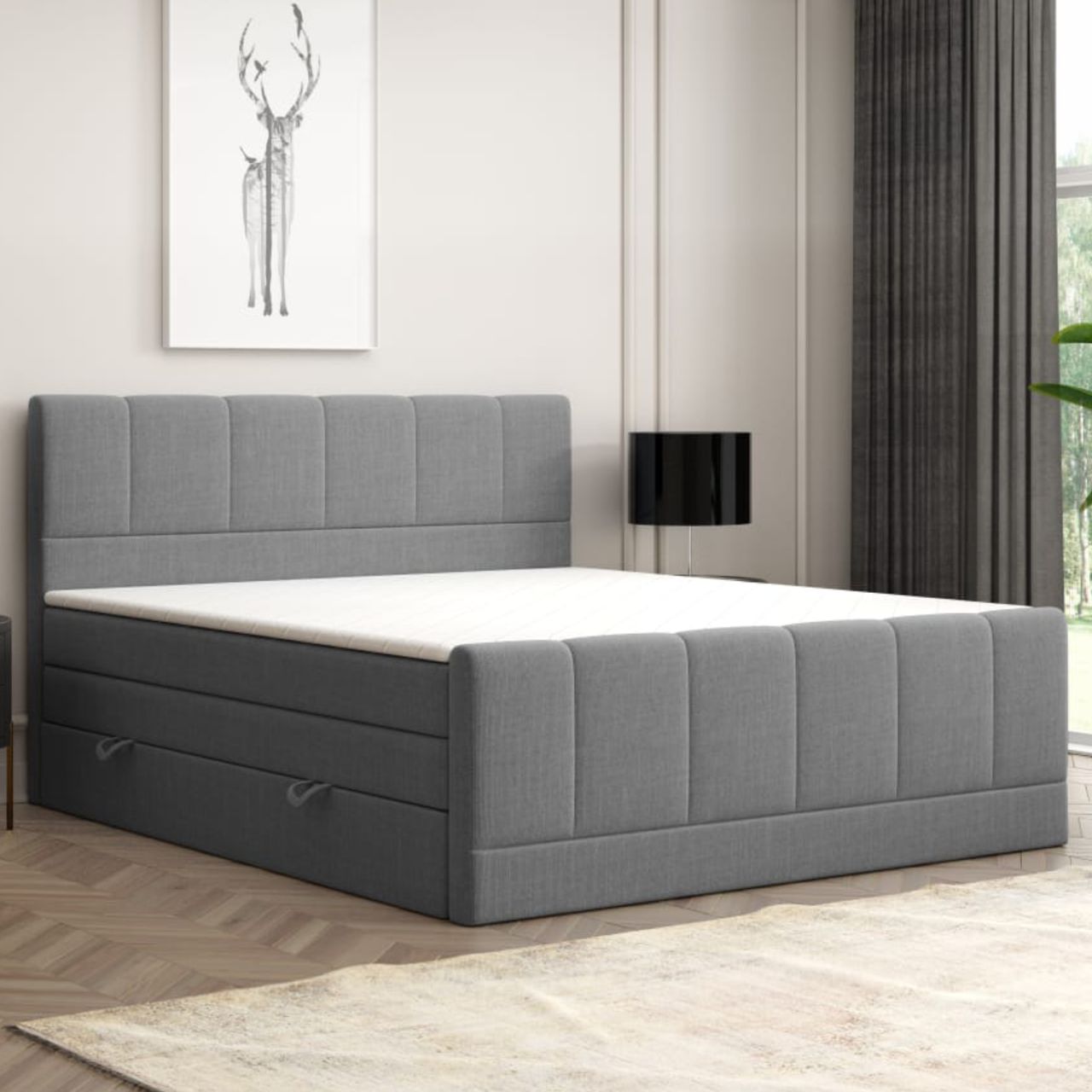 Möbel Punkt Boxspringbett London 180x200cm Anthrazit mit Bettkasten 7 Zonen Taschenfederkenmatratze Fußteil