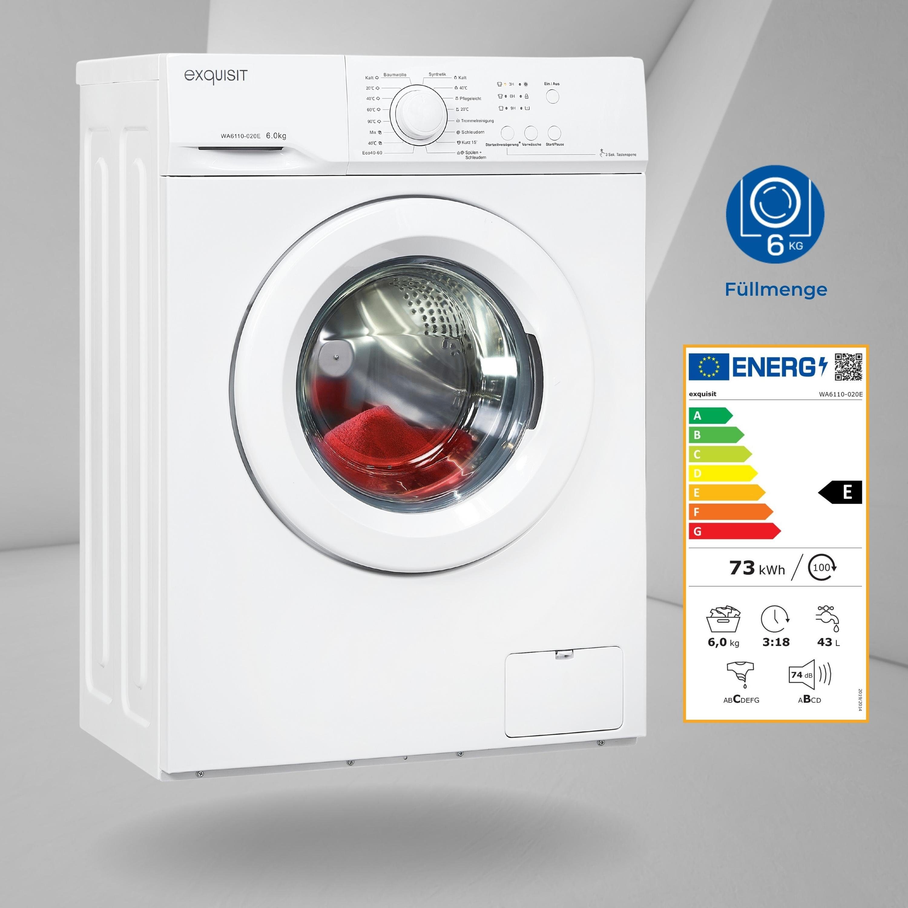 exquisit Waschmaschine WA6110-020E, 6 kg, 1000 U/min, Kindersicherung, Startzeitverzögerung