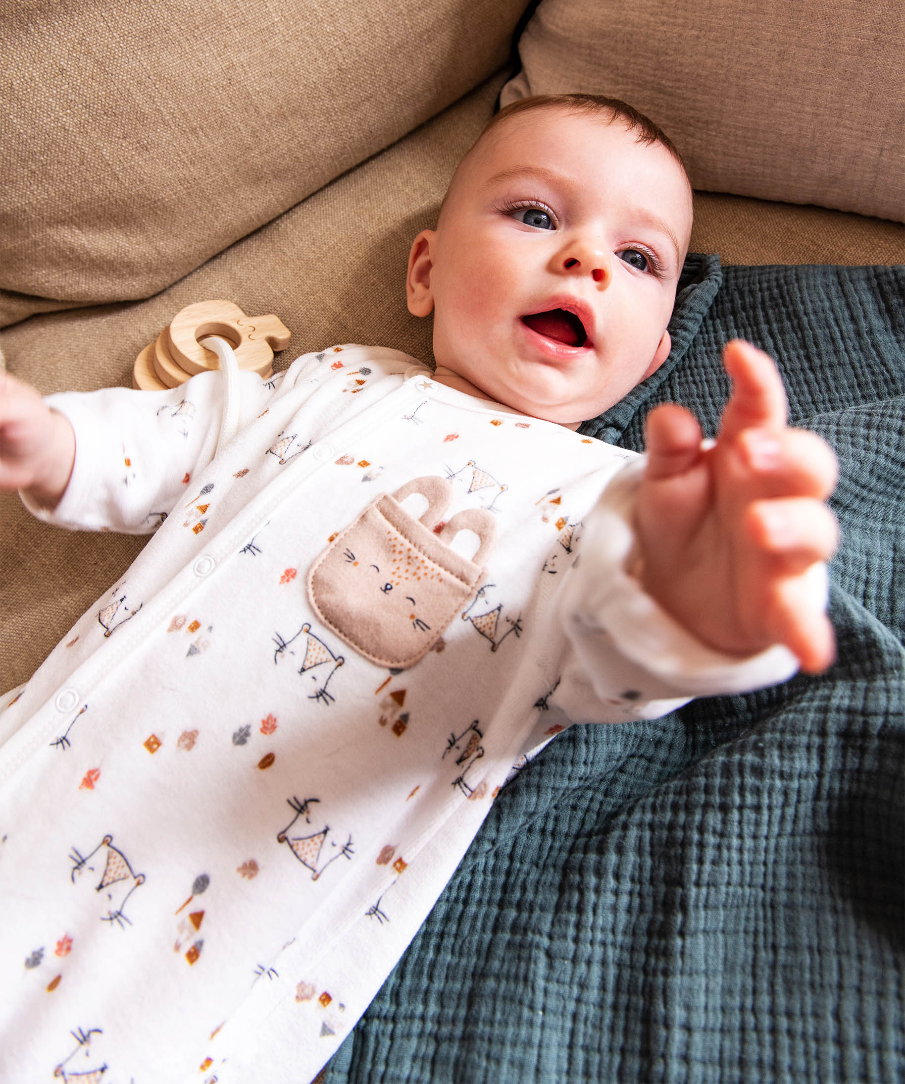 Pyjama en velours imprimé avec ouverture devant bébé - Pe... ecru | GEMO