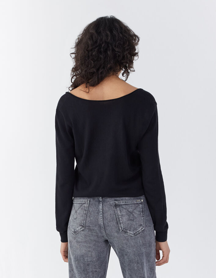 Pull noir maille tricot encolure V apport dentelle femme