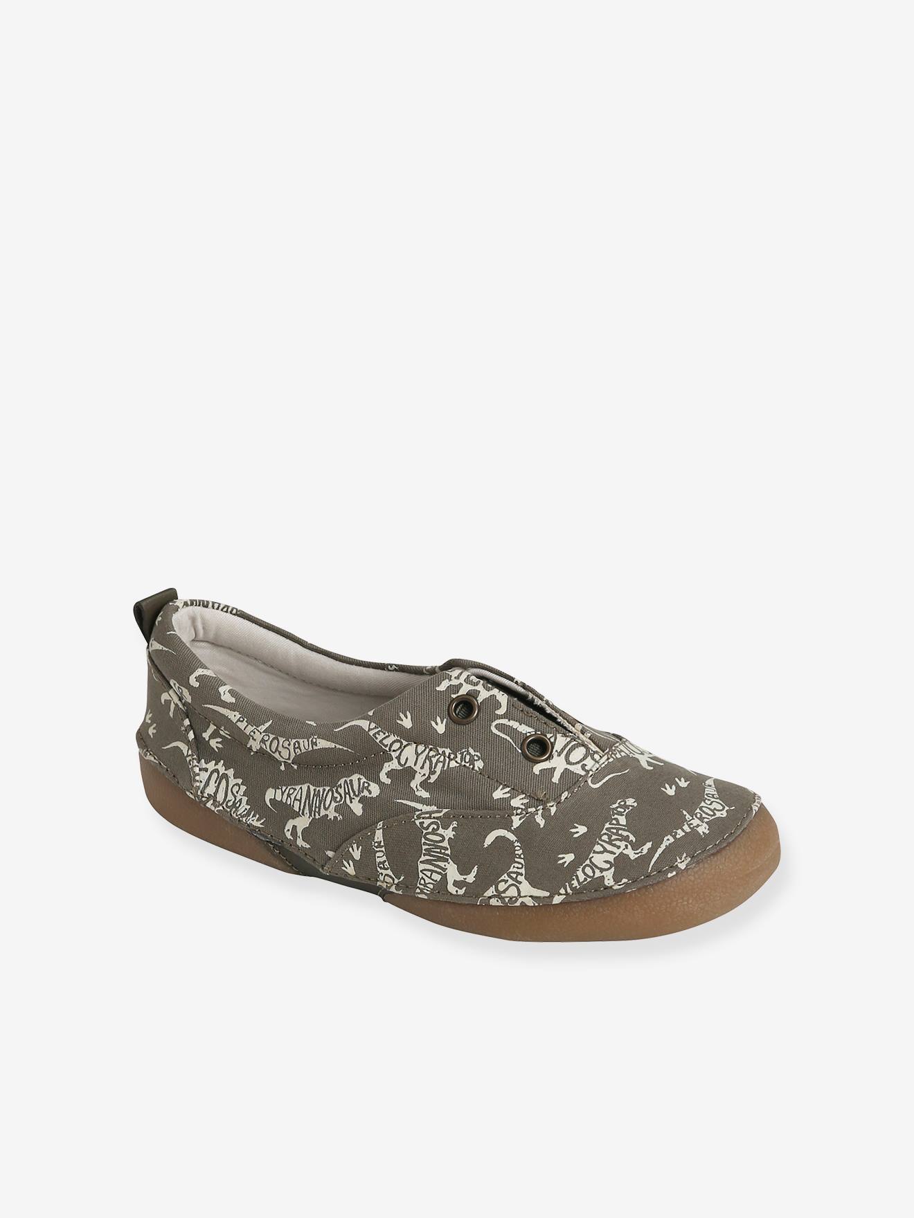 Chaussons élastiqués garçon en toile imprimé phosphorescent kaki dinosaure