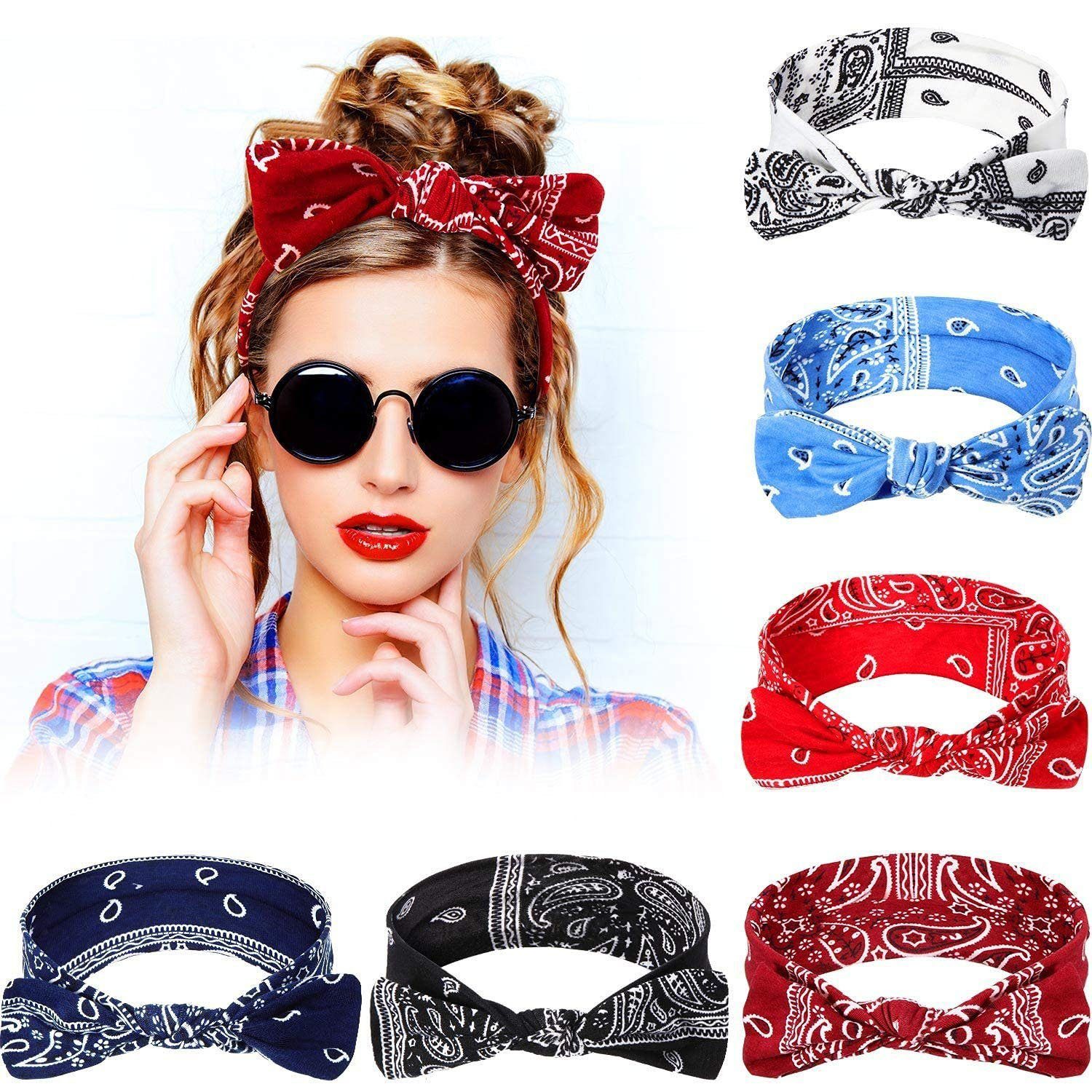 YYV Haarband 6 Stück Paisley Stirnbänder Boho Bogen Bandana Knoten Kopfbedeckung, 6-tlg., Retro Blume Gedruckt Elastische Kaninchen Ohr Haarband für Mädchen