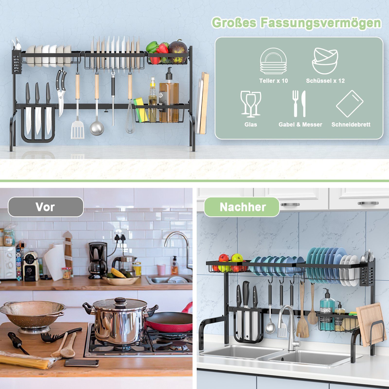 COSTWAY Geschirrständer, 2-stöckig, Breite verstellbar 53-99cm, mit Haken
